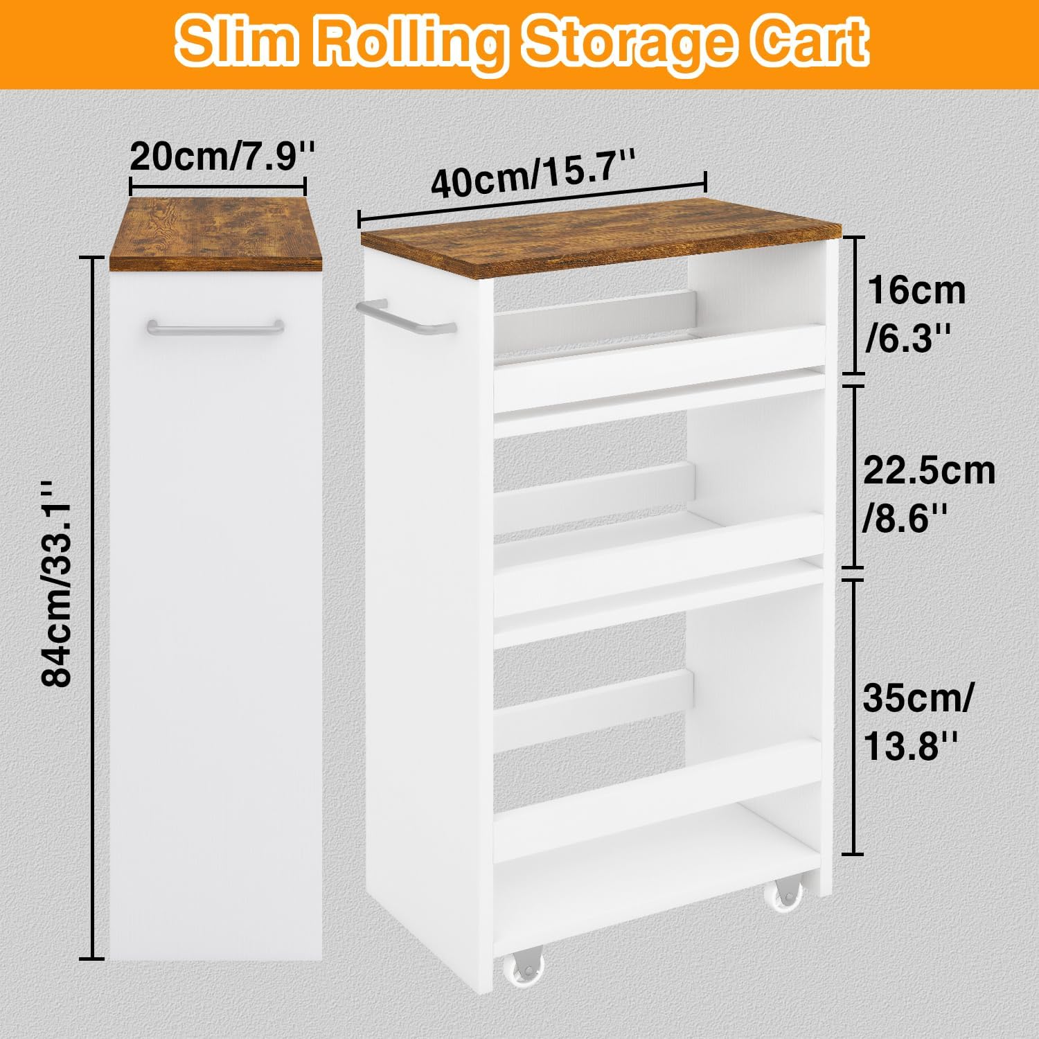 IBUYKE Slim Storage Cart 7.9" W, Rolling Kitchen Storage cart on Wheels for Small Spaces, 4-Tier Laundry Cart with Handle, Slide Out Utility Cart for Kitchen, Bathroom, Laundry,White UWST005W-L