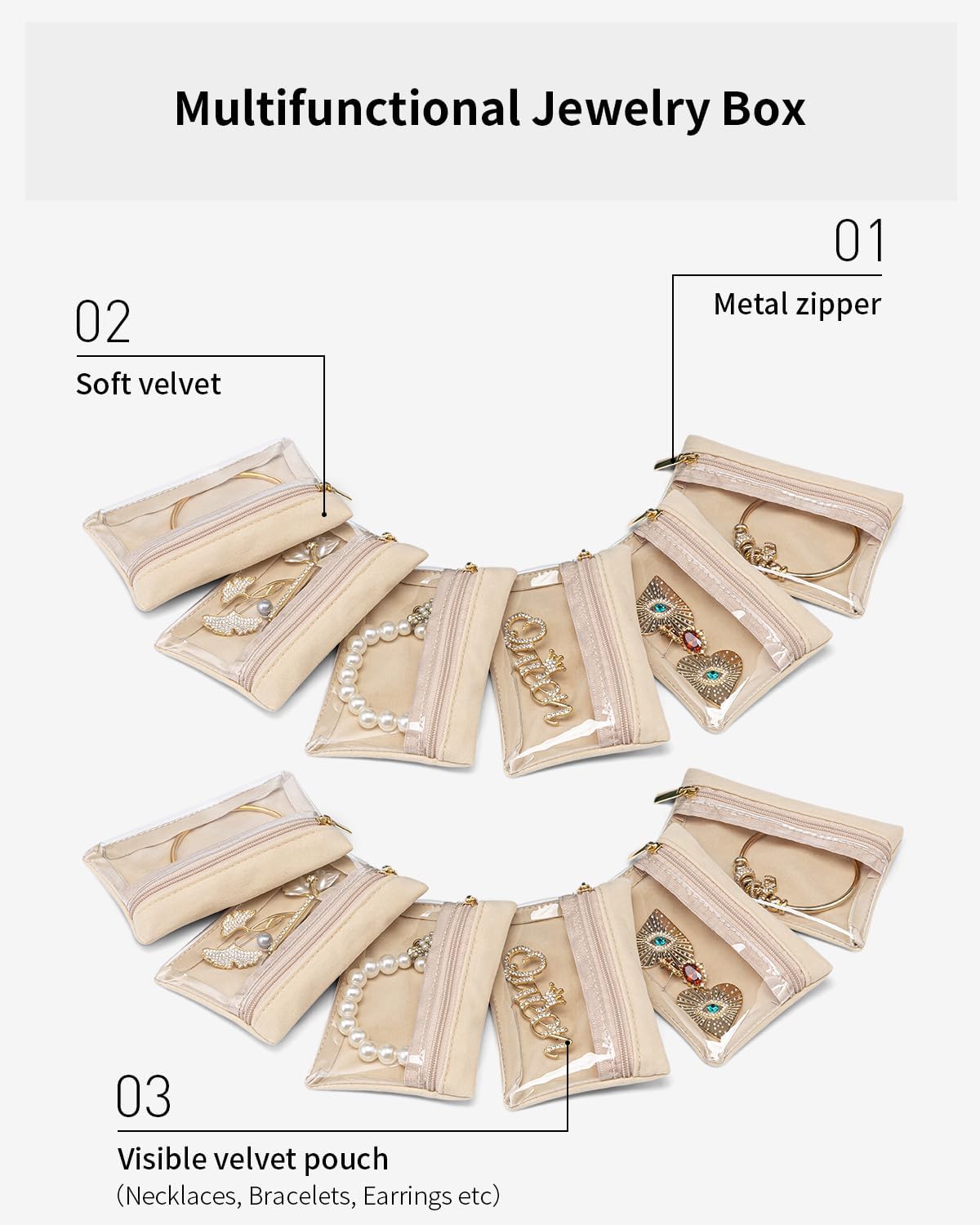 Vlando 12 Pcs Travel Jewelry Organizer Velvet Jewelry Pouch with Zipper Clear Travel Jewelry Bag for Travel Business Trip Mother‘s Day Gift for Mom Wife Women