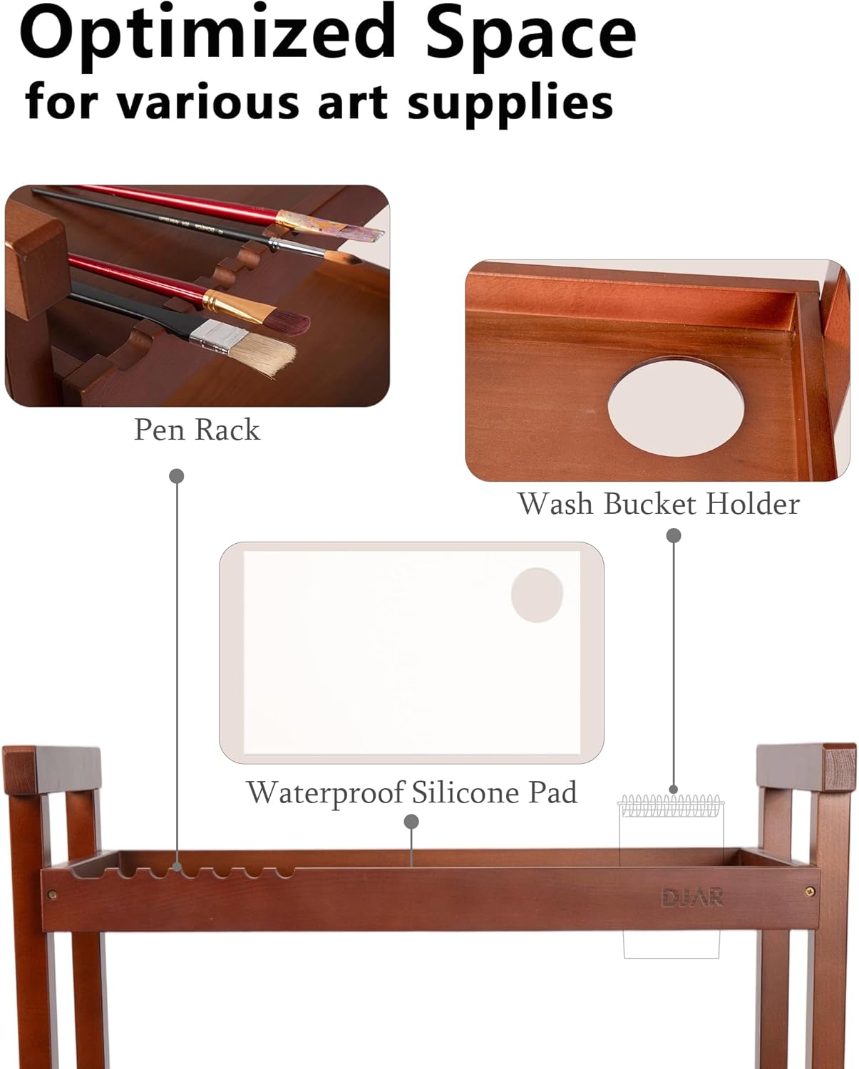 DJAR Rolling Art Supplies Cart, Solid Beech Wood Art Supply Organizert with Caster Wheels, Utility Cart for Adults, Artists, (Walnut, Upgrade)