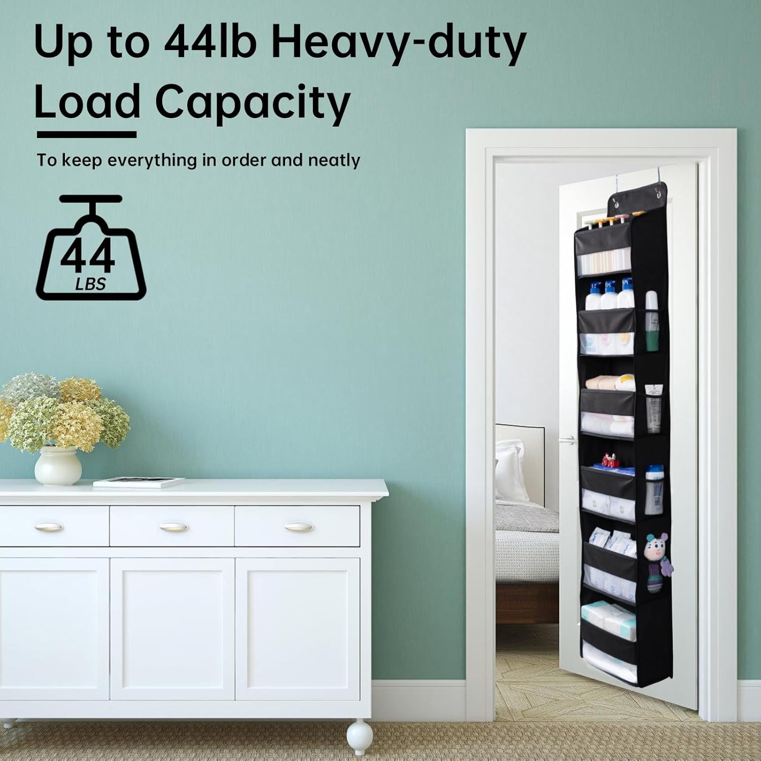 WishJazz Over the Door Organizer, 6 Shelf Hanging Organizer, Anti Tilt 50lbs Back of Door Storage for Bathroom, Nursery, Pantry, Baby Essentials