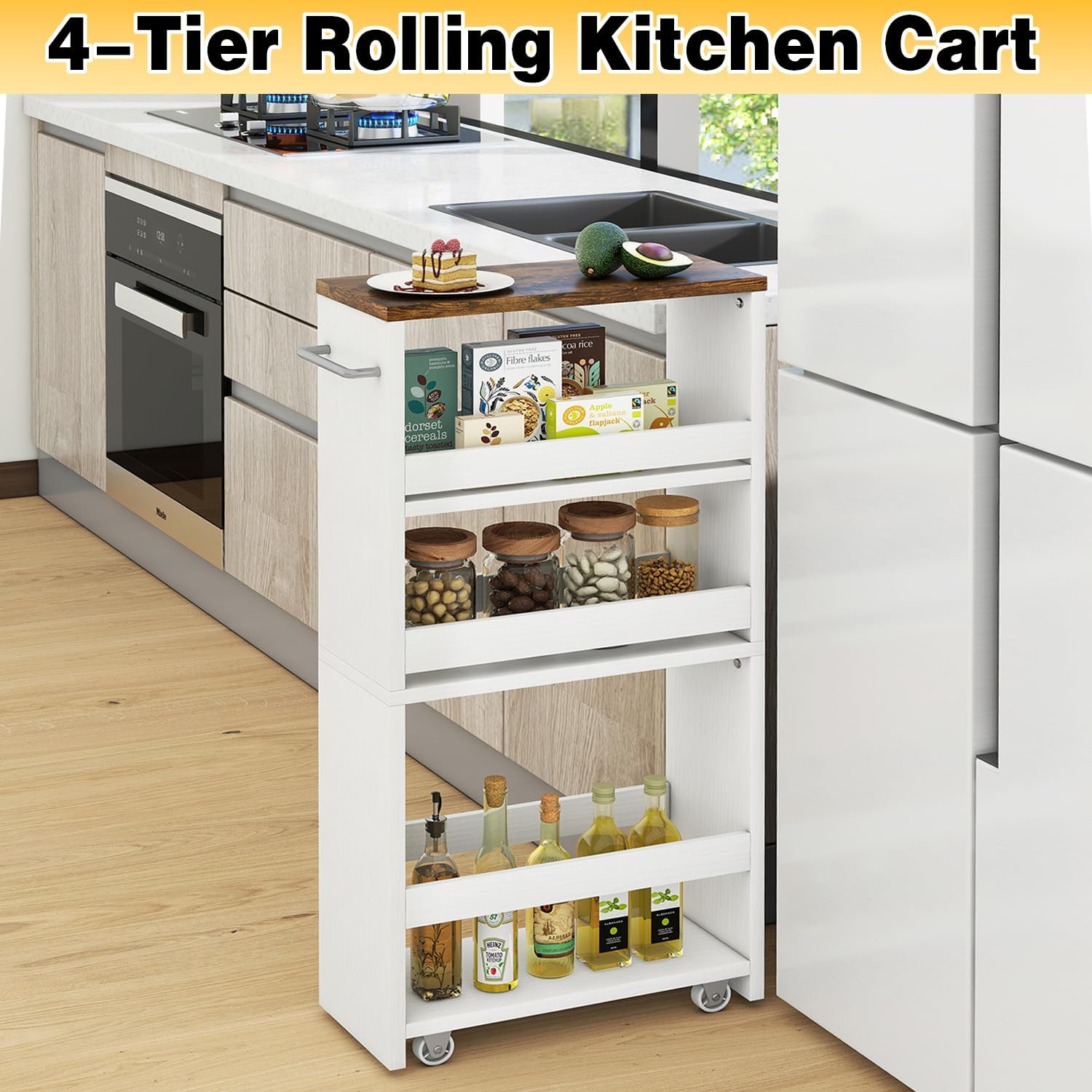 IBUYKE Slim Storage Cart 5.9" W, Rolling Organizer Trolley for Small Spaces, 4-Tier Laundry Cart with Handle, Slide Out Utility Cart for Kitchen, Living Room, Laundry,Narrow Places,White WST005W