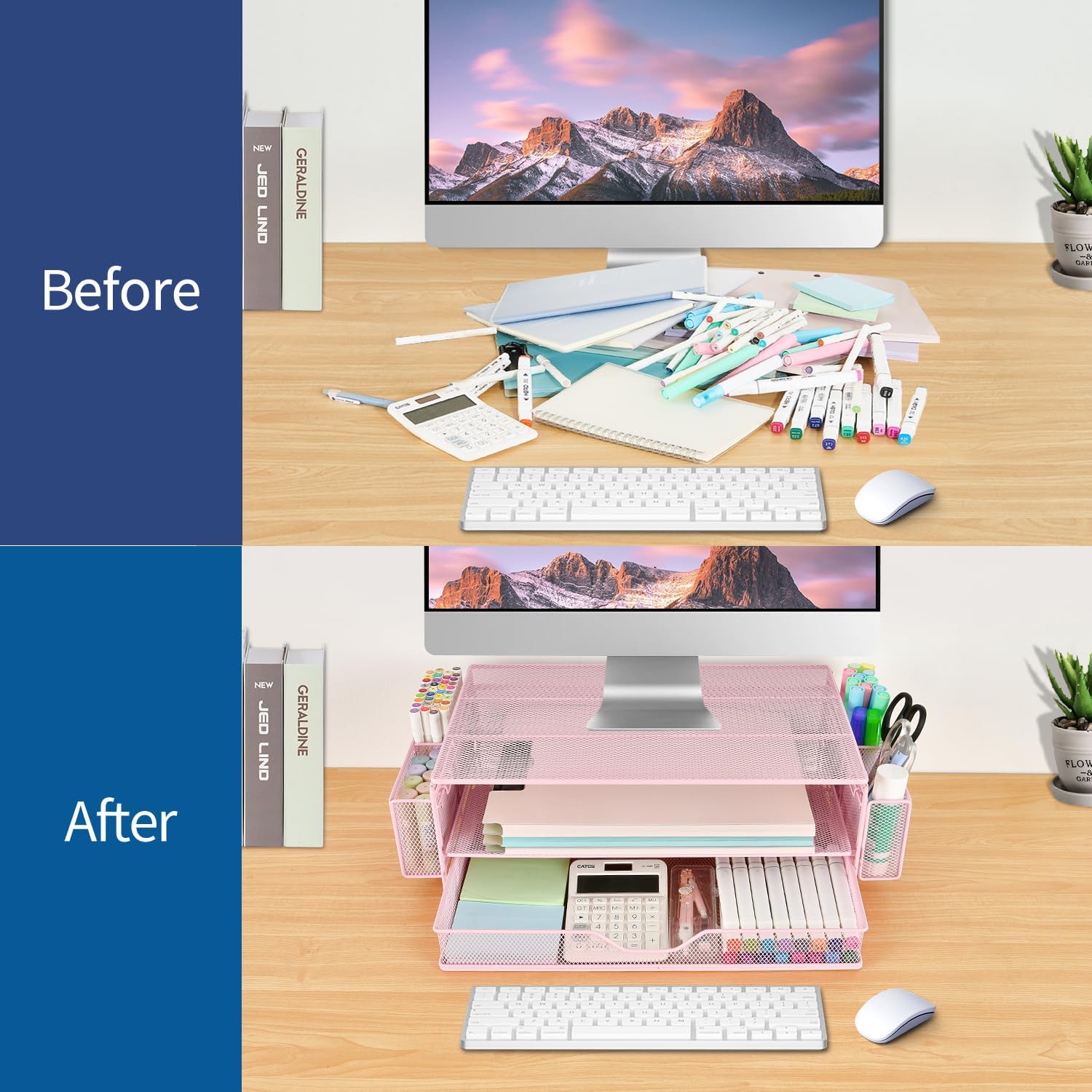 AUPSEN Computer Monitor Stands Riser，2-Tier Desk Organizers and Accessories, Office Desk Accessories Organizer with Drawers and 2 Pen Holder for Office Supplies (Pink)