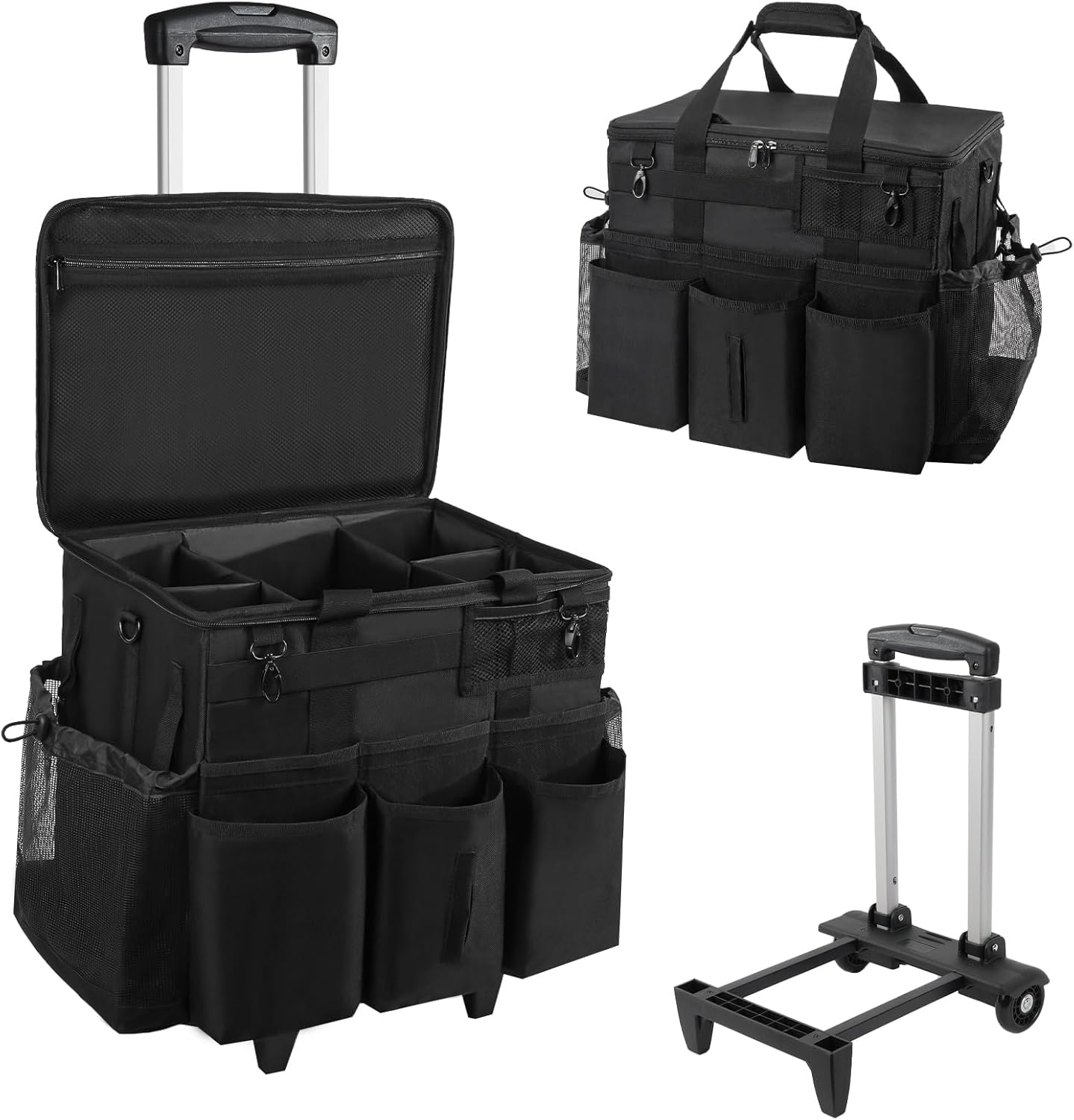 Rolling Cleaning Caddy Bag with Detachable Trolley, Large Cleaning Supplies Organizer with Wheels, Multi Pocket Cleaning Cart with Adjustable Shoulder Strap for Housekeepers & Home Use, Black