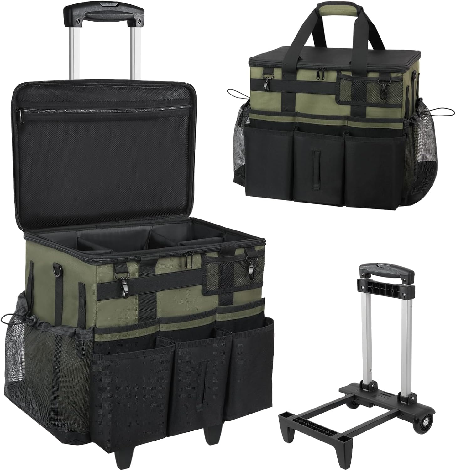 Rolling Cleaning Caddy Bag with Detachable Trolley, Large Cleaning Supplies Organizer with Wheels, Multi-Pocket Cleaning Cart with Adjustable Shoulder Strap for Housekeepers & Home Use, Armygreen