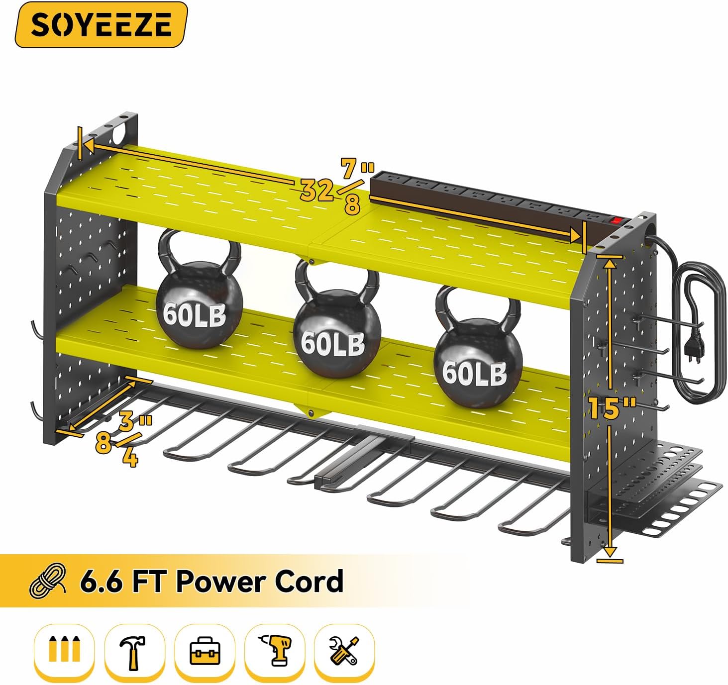 SOYEEZE Large Power Tool Organizer Wall Mount with Charging Station, 3 Layer Heavy Duty Metal Tool Storage Rack with 8 Drill Holder, Tool Holder Built in 8 Outlet Power Strip (Green)