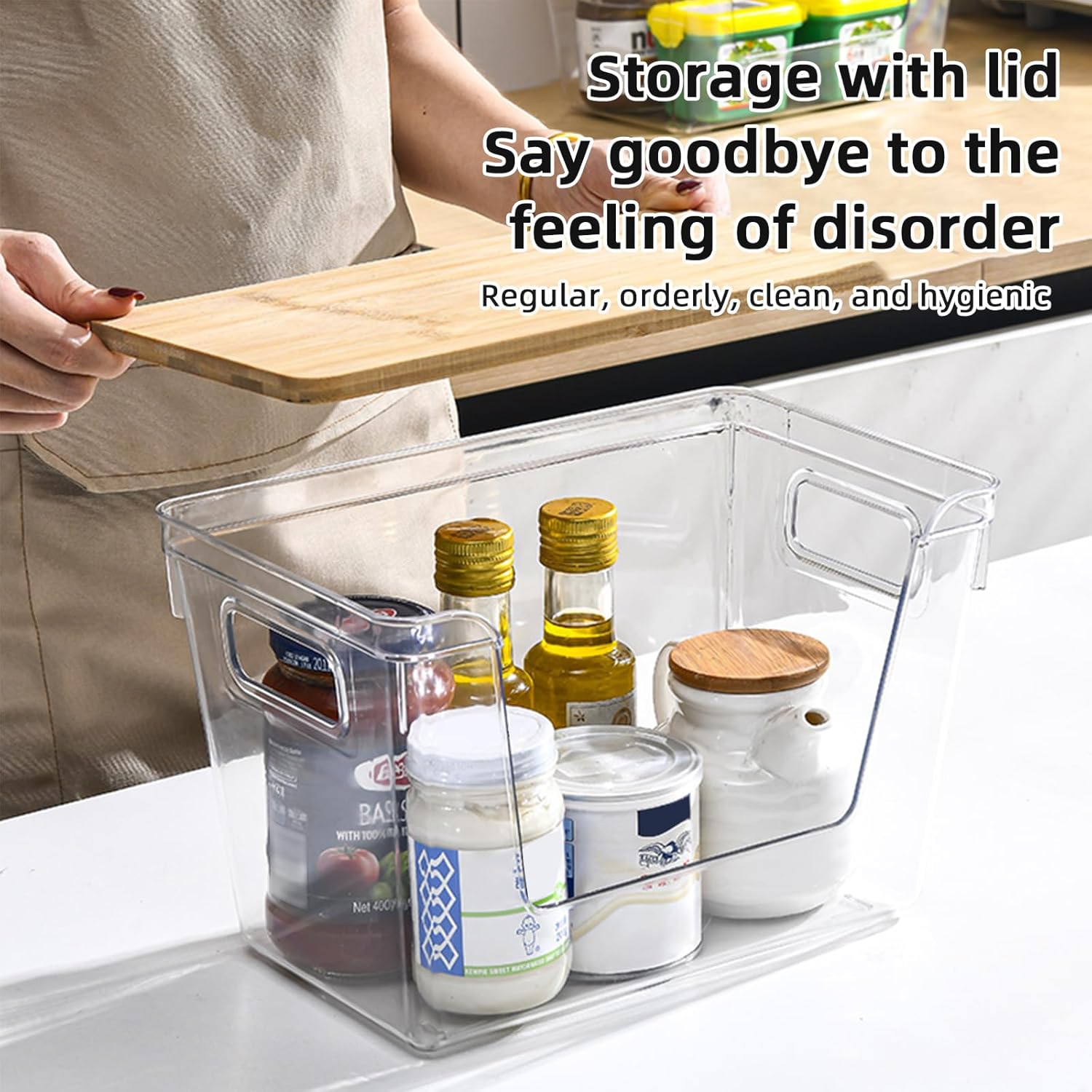 Pantry Organizers and Storage, Stackable Plastic Pantry Organizer with Lid & Handle for Kitchen Counter, Fridge for Fruit, Potato, Onion, Vegetable, 4 Set (Clear- 2 Large Bin & 2 Medium Bin)