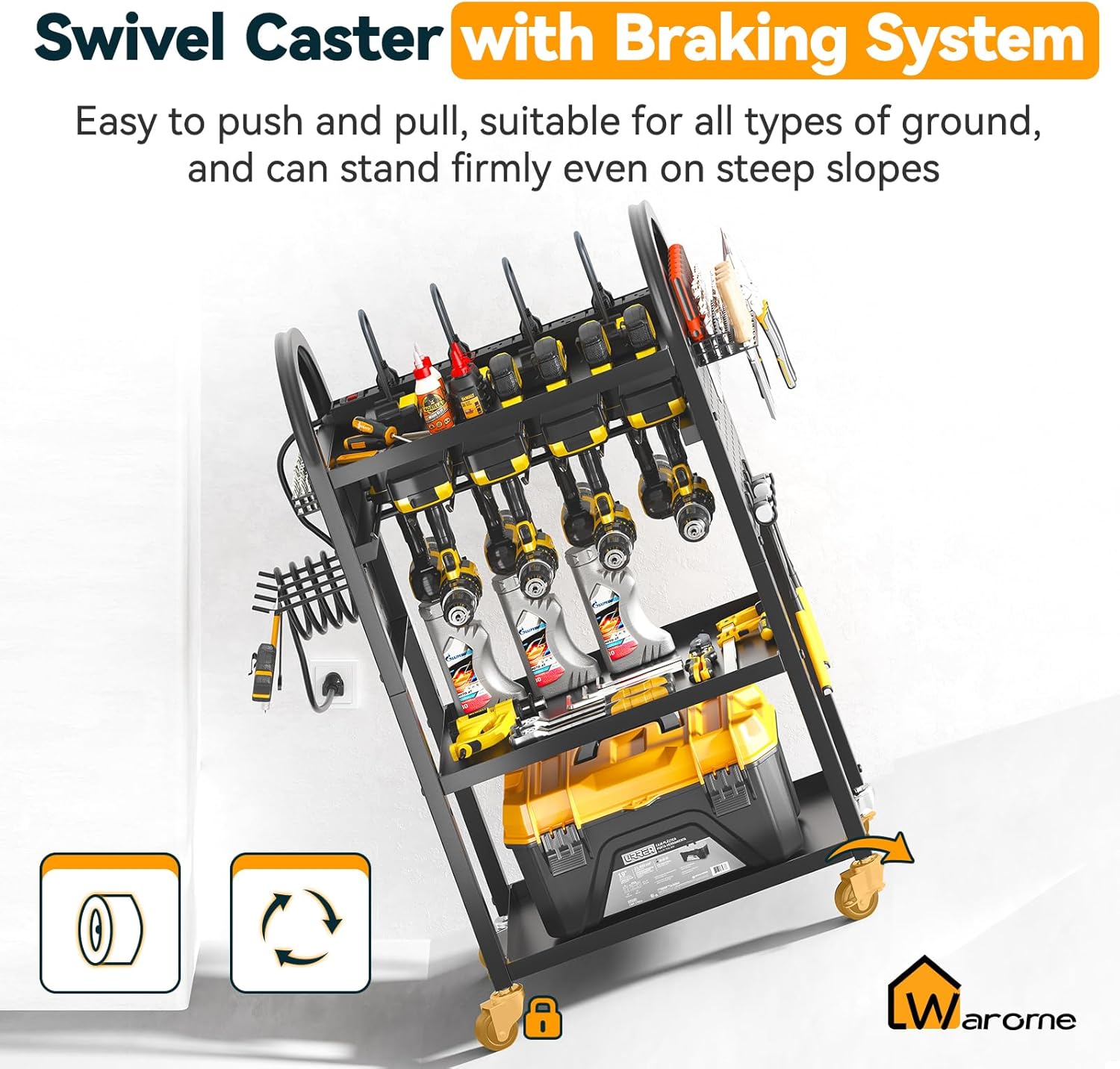 Warome Large Power Tool Organizer Cart with Charging Station, Rolling Utility Cart with 8-Outlet Movable Power Strip, Floor Standing Drill and Battery Holder,Tool Cart on Wheels for Garage Storage