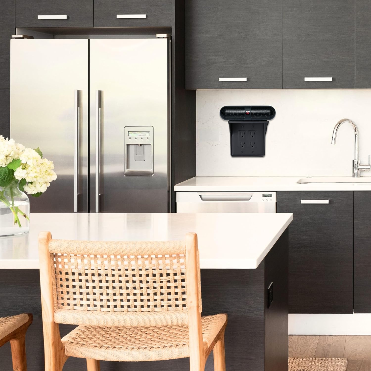 Storage Theory Power Perch Double Wall Outlet Shelf - Declutter & Reclaim Bathroom Counter Space - Alexa Stand, Apple Homepod Shelf, Toothbrush Holders Wall Mounted - Black, 1-Pack