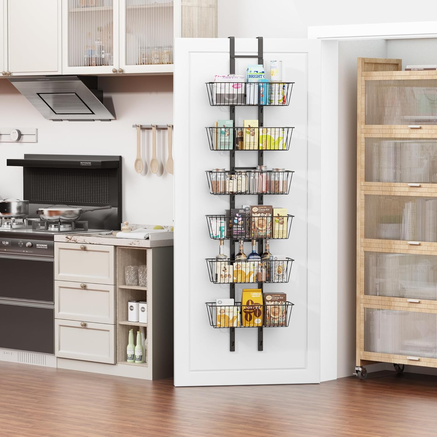 6-Tier Over The Door Pantry Organizer, Metal Hanging Storage Shelf with Adjustable 6 Baskets, Space-Saving Design Hanging Spice Rack for Kitchen, Bathroom, Laundry Room, Black