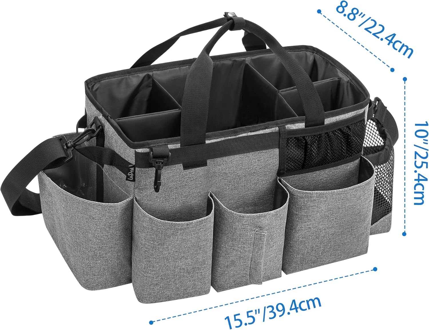 LoDrid Wearable Cleaning Caddy Bag with 4 Foldable Dividers, Cleaning Supply Organizer with Shoulder Strap and Side Handles for Cleaners & Housekeepers, Grey