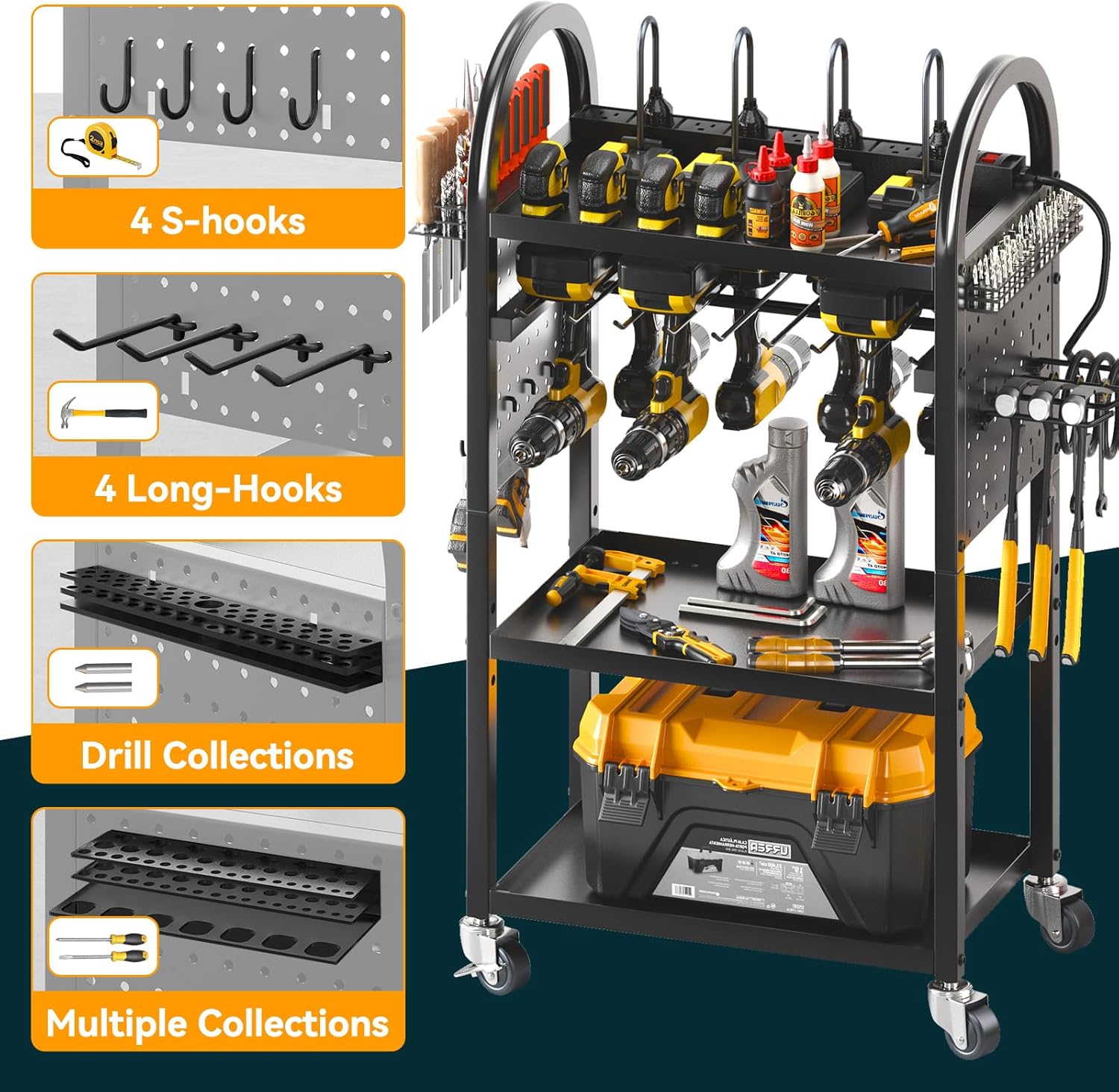 Warome Large Power Tool Organizer Cart with Charging Station, Rolling Utility Cart with 8-Outlet Movable Power Strip, Floor Standing Drill and Battery Holder,Tool Cart on Wheels for Garage Storage