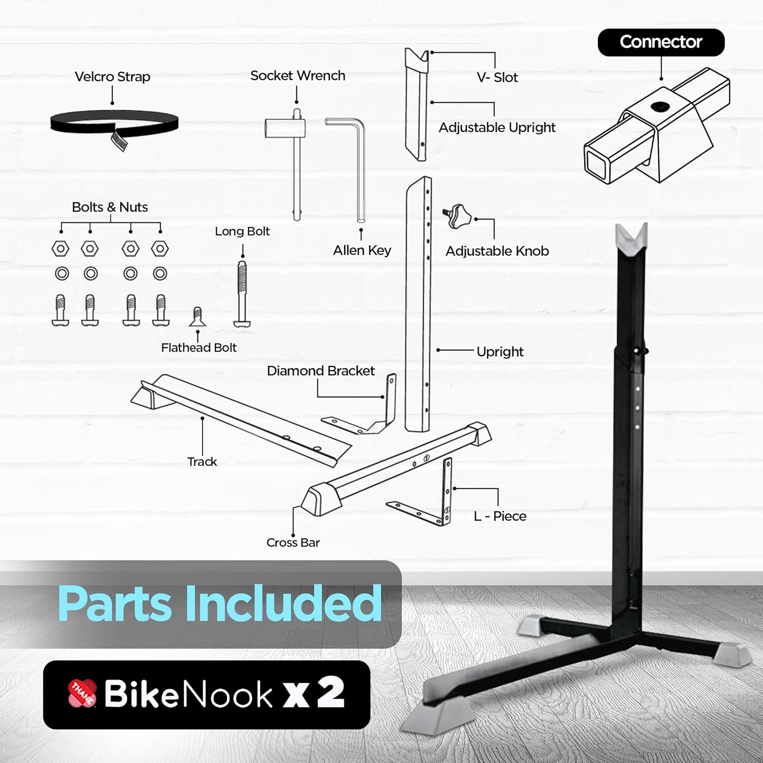 Bike Nook Bike Stand & Vertical Storage Rack with Connector (2 Pack), The Original Vertical Bicycle Floor Stand for Garage, Indoor and Outdoor Storage, Perfect Bike Accessories for Small Spaces