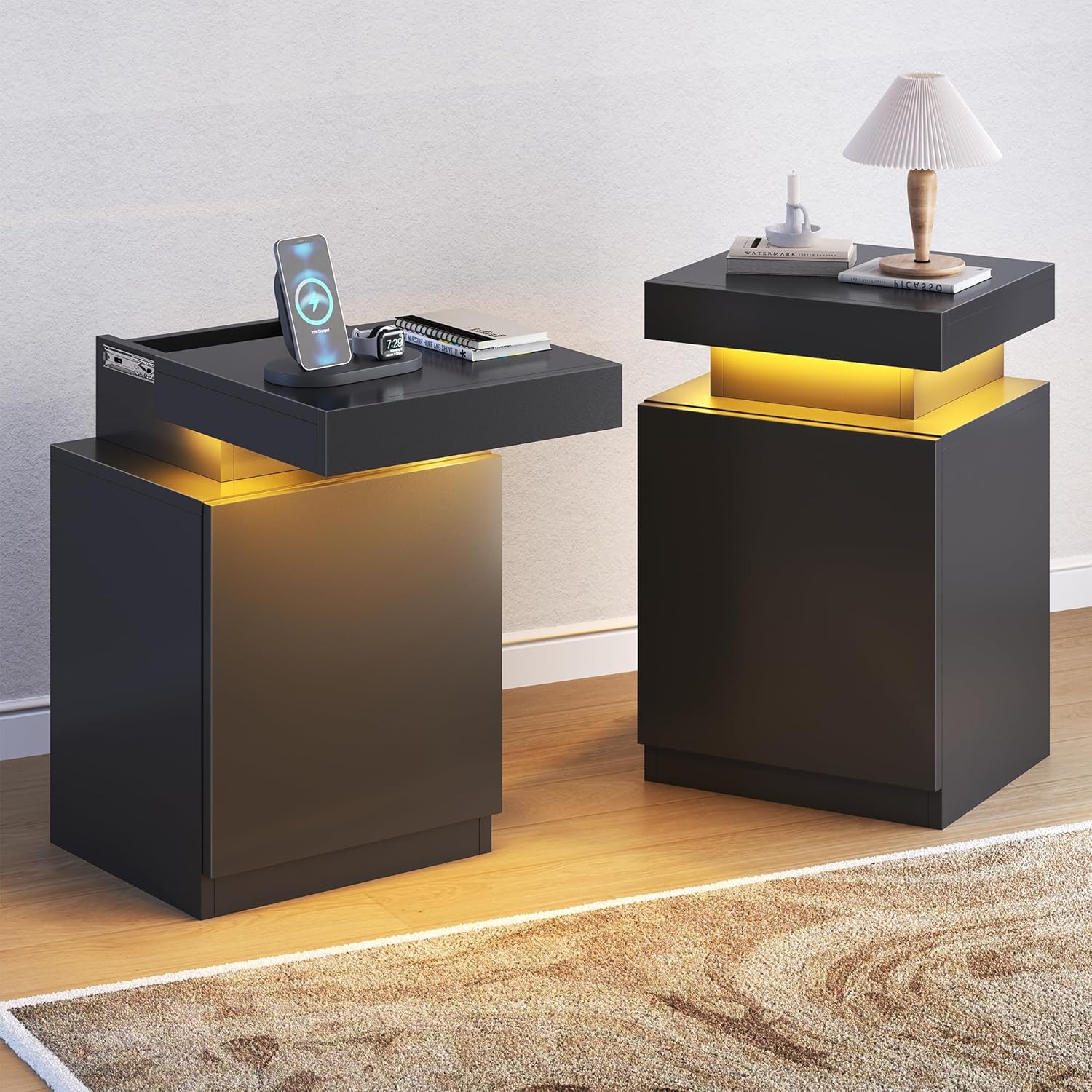 MXV Nightstand with LED Lights & Charging Station, Black Bedside Tables with USB Ports, Storage Cabinet & Drawers for Bedroom, Modern End Tables for Living Room (Black, 17.7，Set of 2)