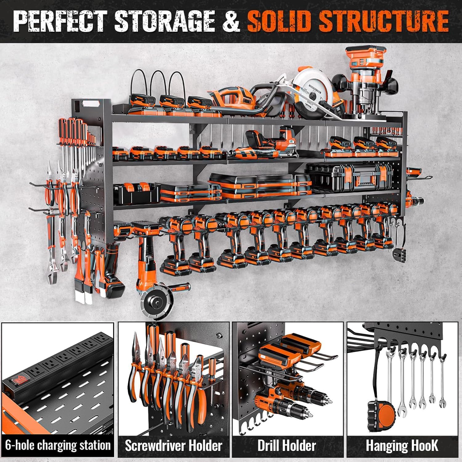 49.8" W Power Tool Organizer Wall Mount with Charging Station, Large Garage Organization with 12 cordless Drill Holder, 4 Layers Tool Organizers and Storage, Tool Rack with 6 Power Strip, Black
