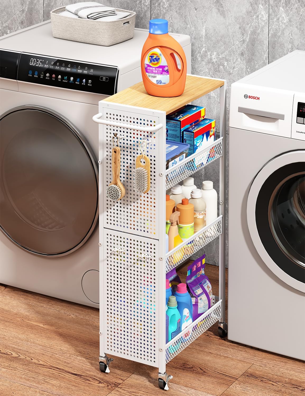 Utility Slim Storage Cart 4 Tier Small Rolling Kitchen Laundry Room Organization Cart with Wood Top Metal Narrow Laundry Room Shelves Cabinet Unit Laundry Organizer Trolley with Handle for Small space