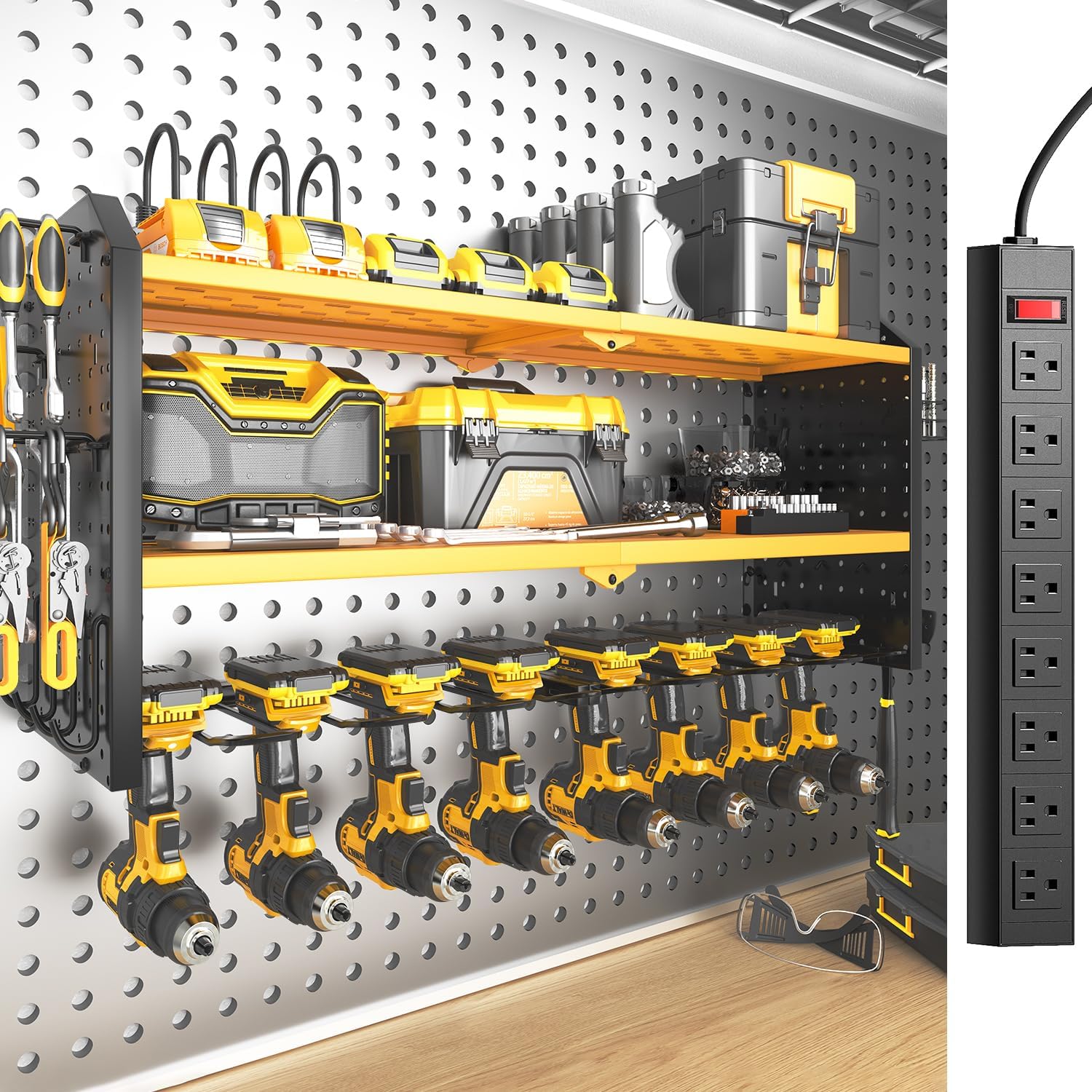 SOYEEZE Large Power Tool Organizer Wall Mount with Charging Station, 3 Layer Heavy Duty Metal Tool Storage Rack with 8 Drill Holder, Tool Holder Built in 8 Outlet Power Strip (Yellow)