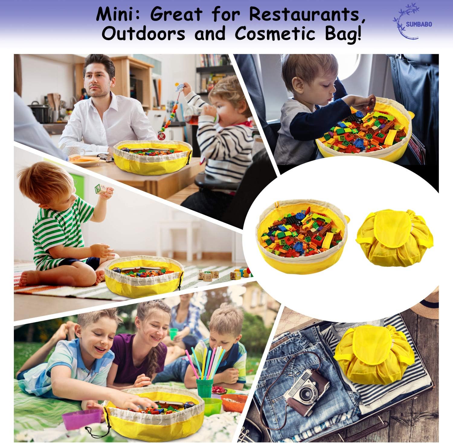 Toy Storage Mat Bag by Drawstring for Lego - Play Mat Bag Toy Storage Container for Kids with Cap can as Gift (2Pcs = Big Blue + Mini Yellow)