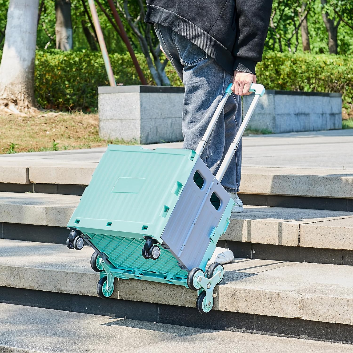Utility Cart Foldable Shopping Cart Book Storage Cart, with Stair Climbing Wheels and Telescopic Handle, Ideal for Outdoor Home Use and Teacher/Student Book Storage. (Green, Small)