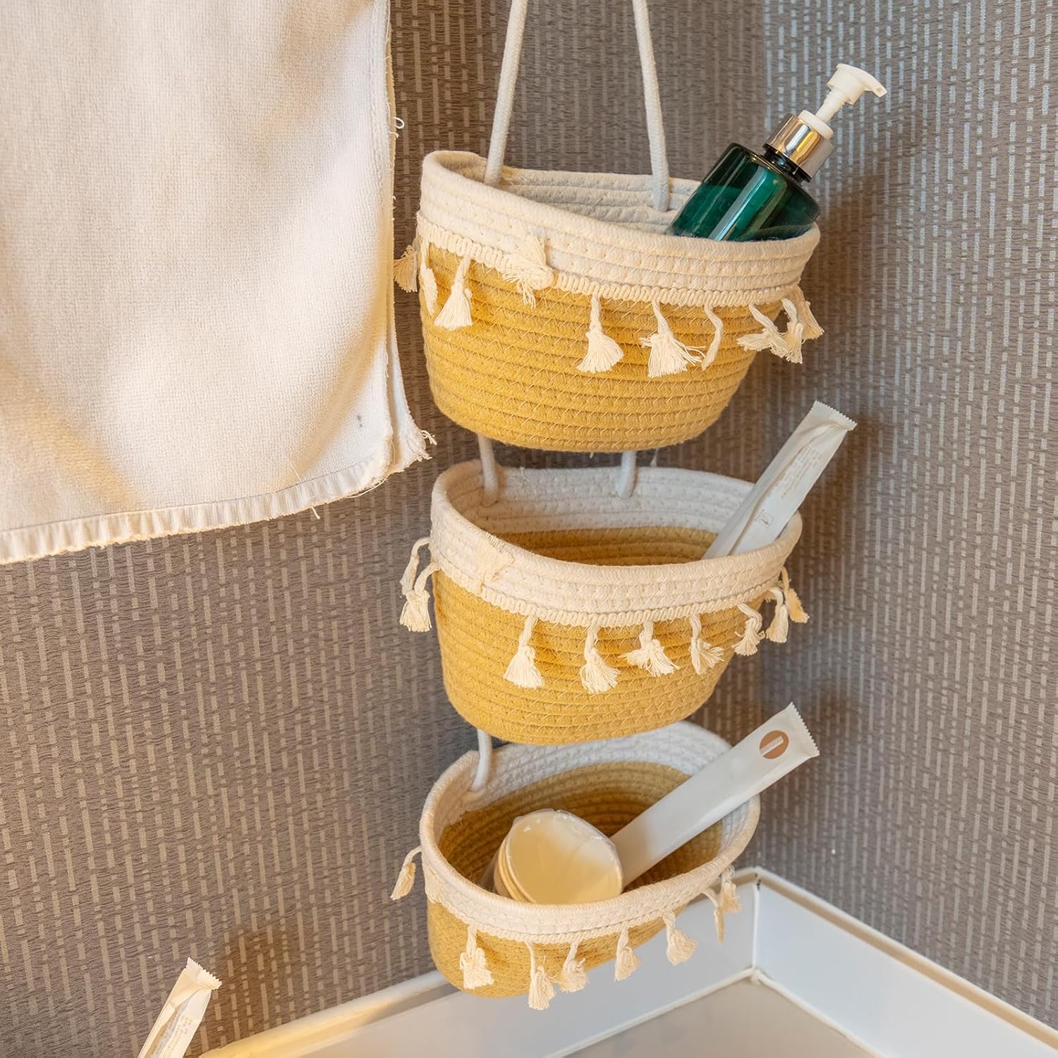 JJSQYLAN Over the Door Hanging Basket 3 Tier Small Woven Cotton Wall Hanging Organizer Bag Decorative Hanging Nursery Baskets Boho (Jute & White)