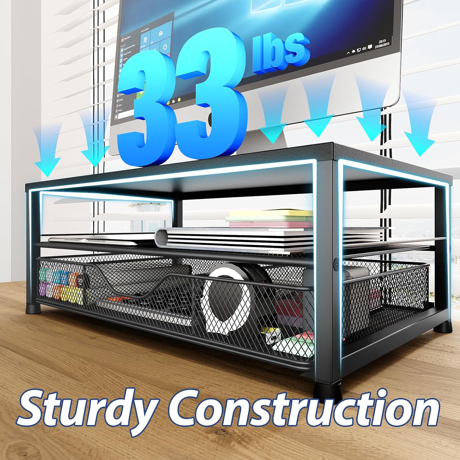 OPNICE Desk Organizer and Accessories, 2-Tier Computer Monitor Stand Riser with Drawer and 2 Pen Holders, Laptop Stand, Office Desk Accessories for Office Supplies, Black 2-Pack