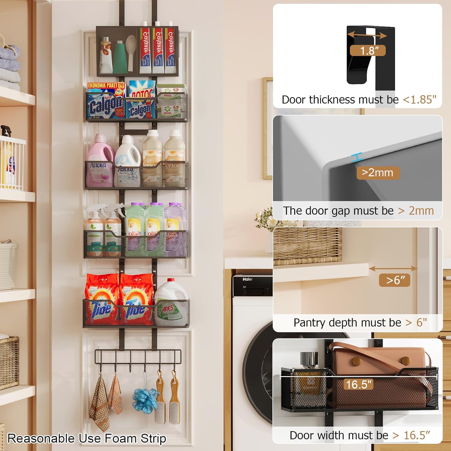 Adjustable Over the Door Pantry Organizer, 5-Tier Metal Pantry Door Organization and Storage, Hanging Door Spice Rack for Home Office Laundry Room Bathroom & Kitchen