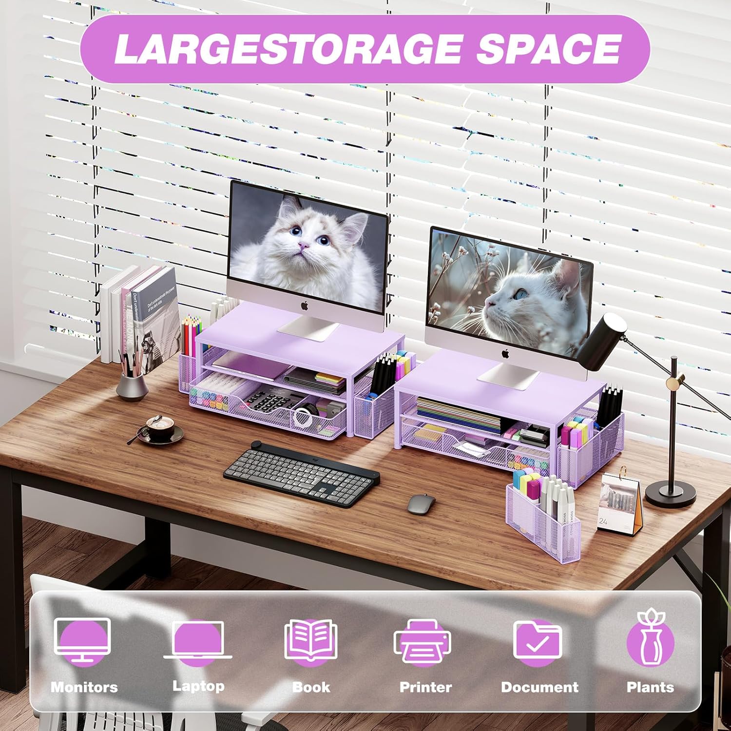 OPNICE Desk Organizers and Accessories, 2-Tier Computer Monitor Stand Riser with Drawer and 2 Pen Holders, Laptop Stand, Office Desk Accessories & Office Decor for Women, Purple