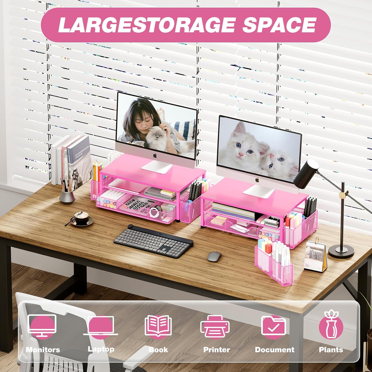 OPNICE Desk Organizer and Accessories, 2-Tier Computer Monitor Stand with Drawer and 2 Pen Holders, Laptop Stand, Office Desk Accessories for Office Supplies, Carmine Rose