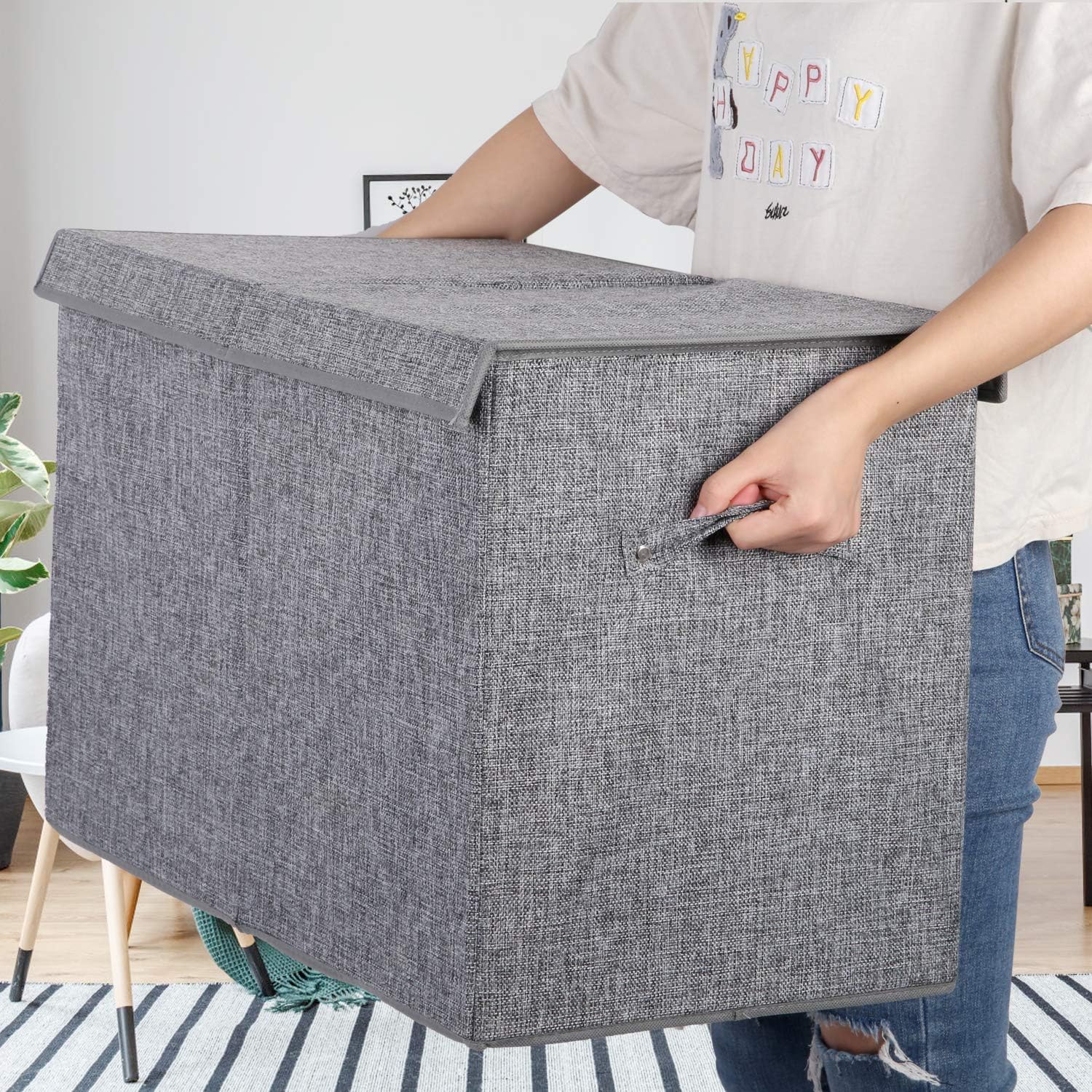 popoly 2 Pack Large Toy Box Chest with Lid, Collapsible Sturdy Toy Storage Organizer Boxes Bins Baskets for Kids, Boys, Girls, Nursery, Playroom, 25"x13" x16" (Linen Gray)