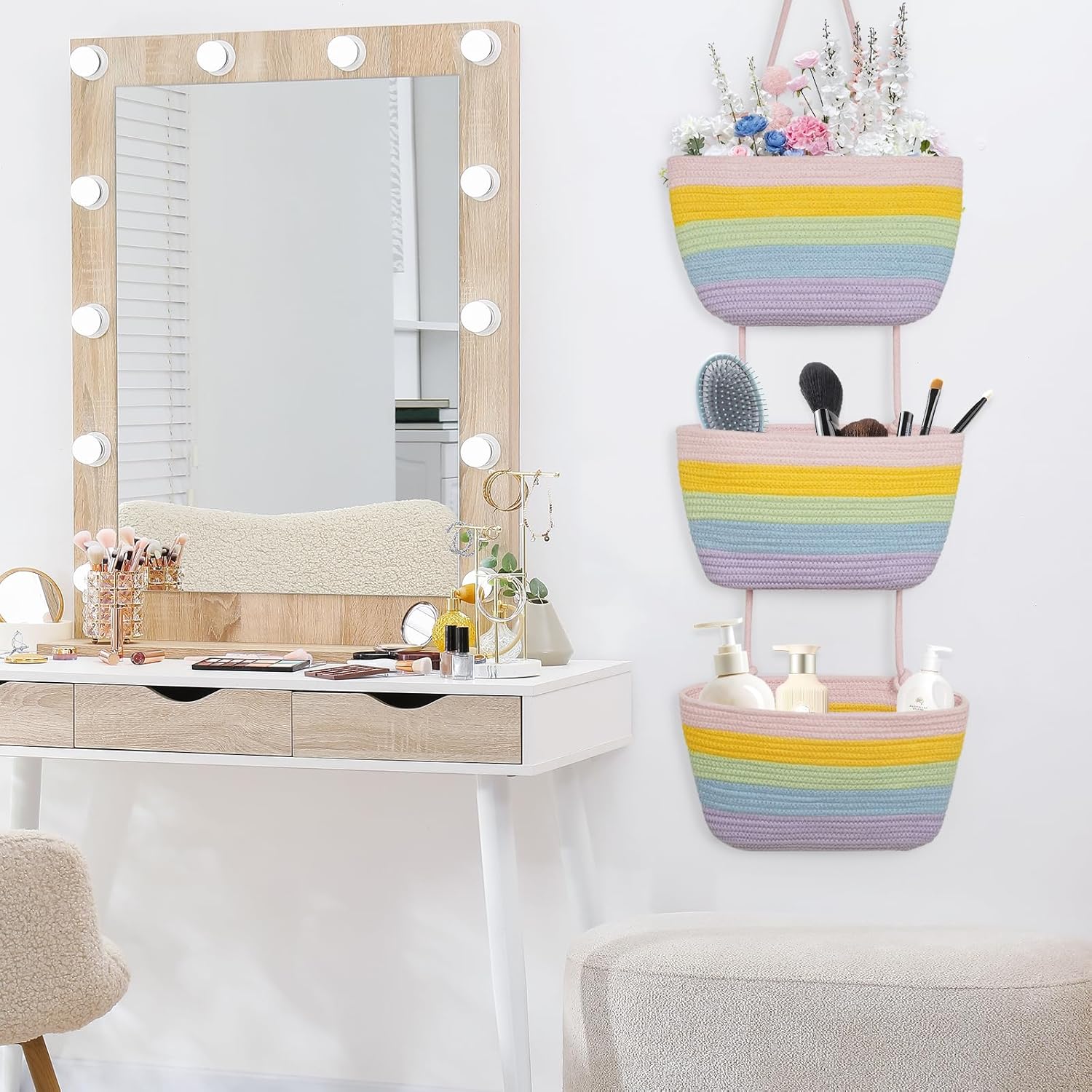 TeoKJ Over the Door Organizer, 3-Tier Woven Cotton Hanging Storage Baskets, Wall-Mounted Baskets for Nursery Organization, Rainbow
