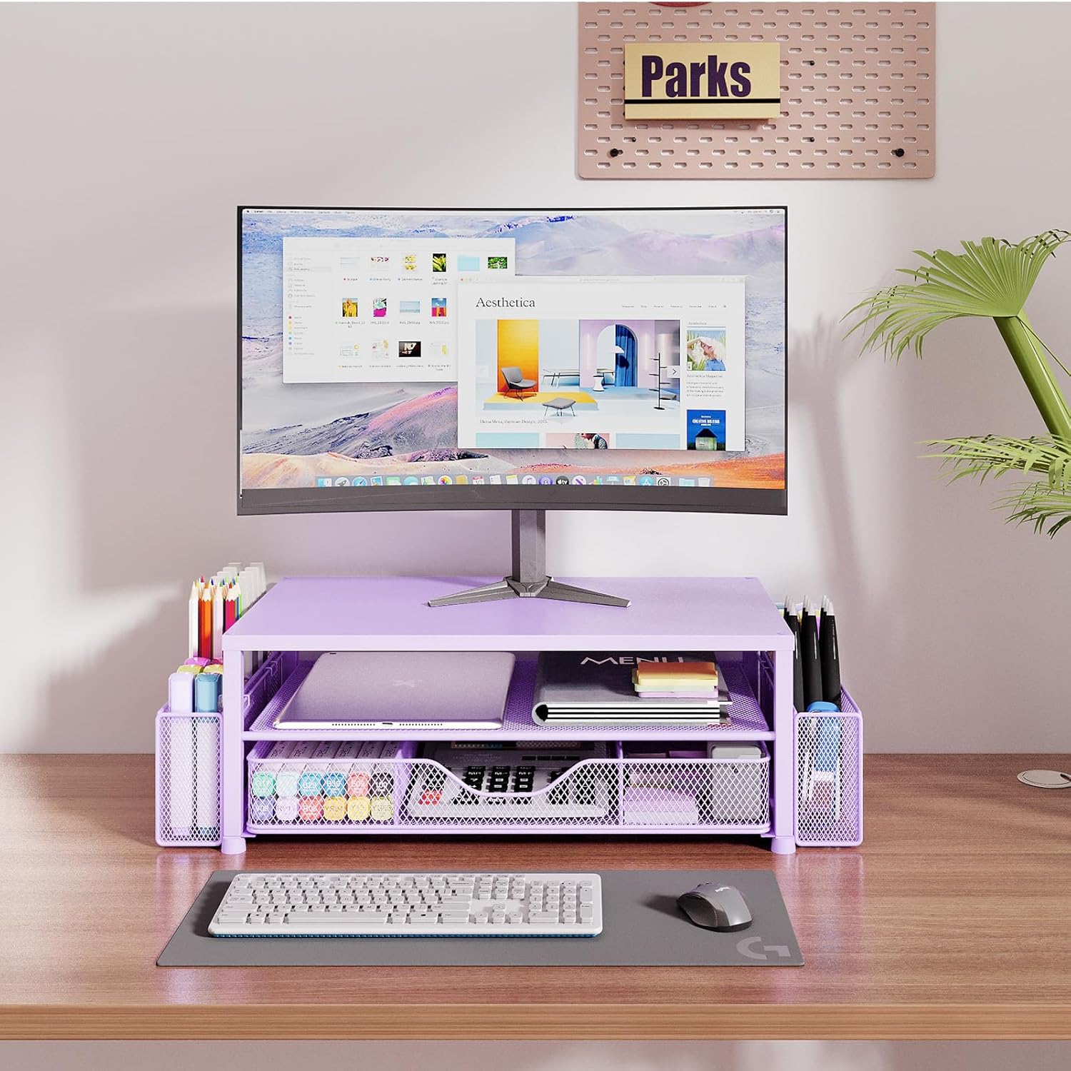 OPNICE Desk Organizers and Accessories, 2-Tier Computer Monitor Stand Riser with Drawer and 2 Pen Holders, Laptop Stand, Office Desk Accessories & Office Decor for Women, Purple