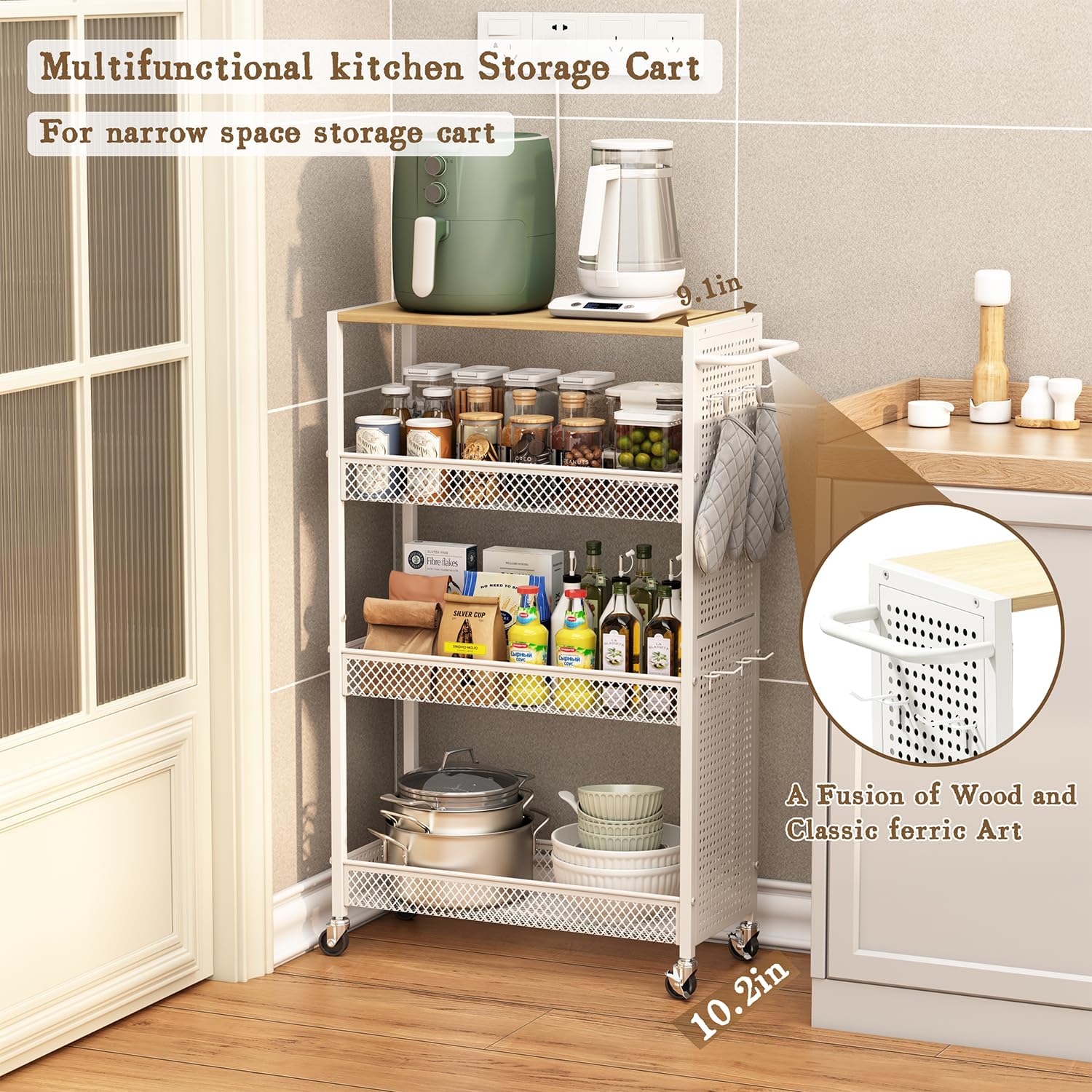 Utility Slim Storage Cart 4 Tier Small Rolling Kitchen Laundry Room Organization Cart with Wood Top Metal Narrow Laundry Room Shelves Cabinet Unit Laundry Organizer Trolley with Handle for Small space