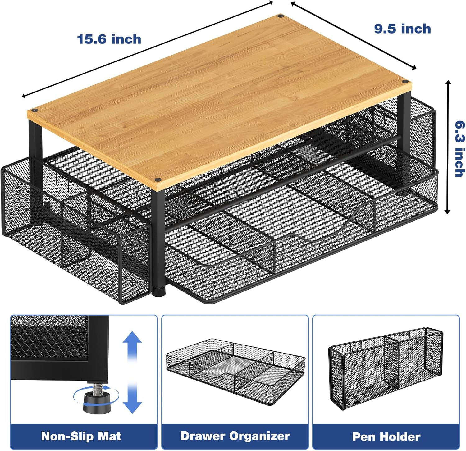 OPNICE Desk Organizers and Accessories, 2-Tier Computer Monitor Stand with Drawer and 2 Pen Holders, Laptop Stand, Office Desk Accessories for Office Supplies, Oak