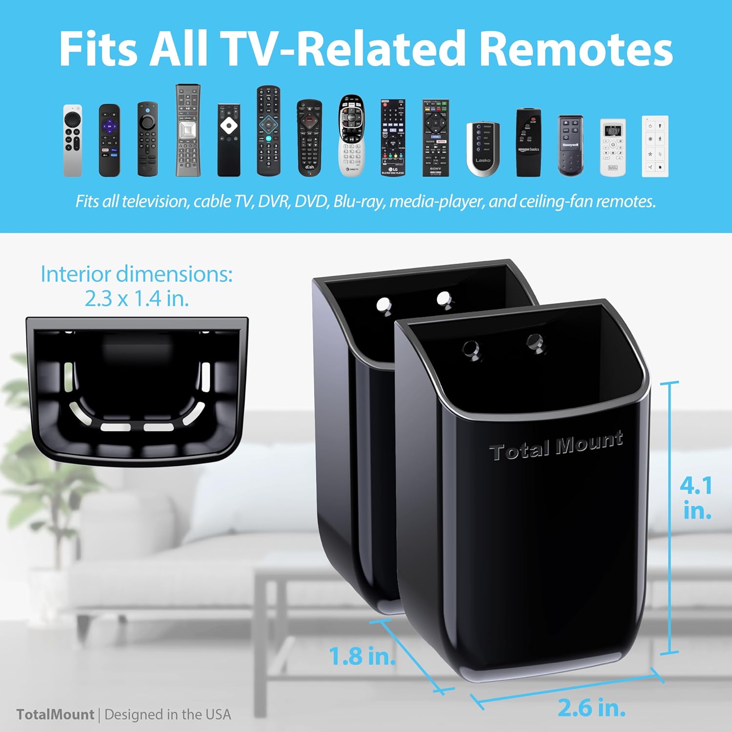 TotalMount Hole-Free Remote Holders – Eliminate Need to Drill Holes in Your Wall (Black Remote Control Holders, Quantity 2)