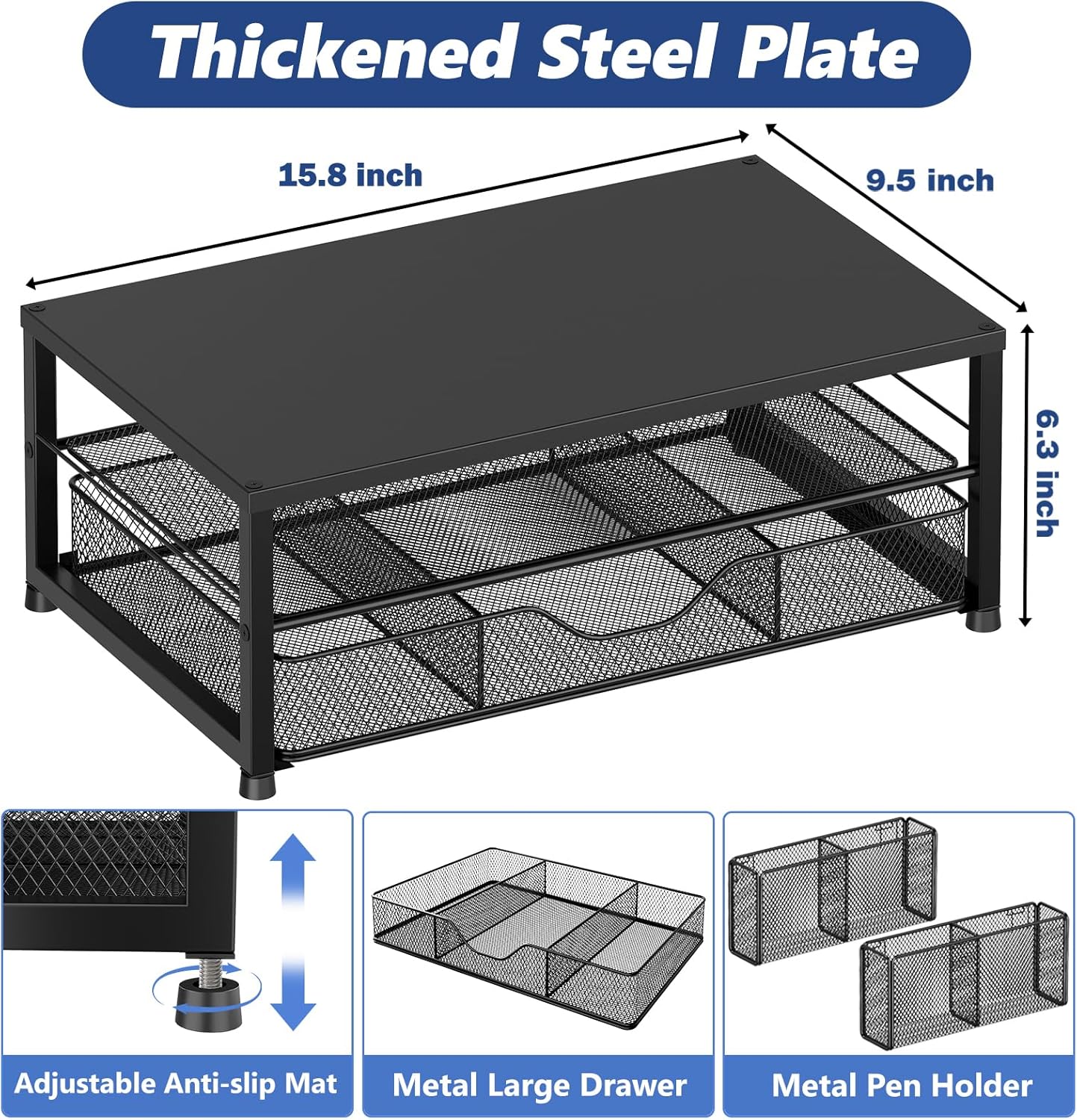 OPNICE Desk Organizer and Accessories, 2-Tier Computer Monitor Stand Riser with Drawer and 2 Pen Holders, Laptop Stand, Office Desk Accessories for Office Supplies, Black