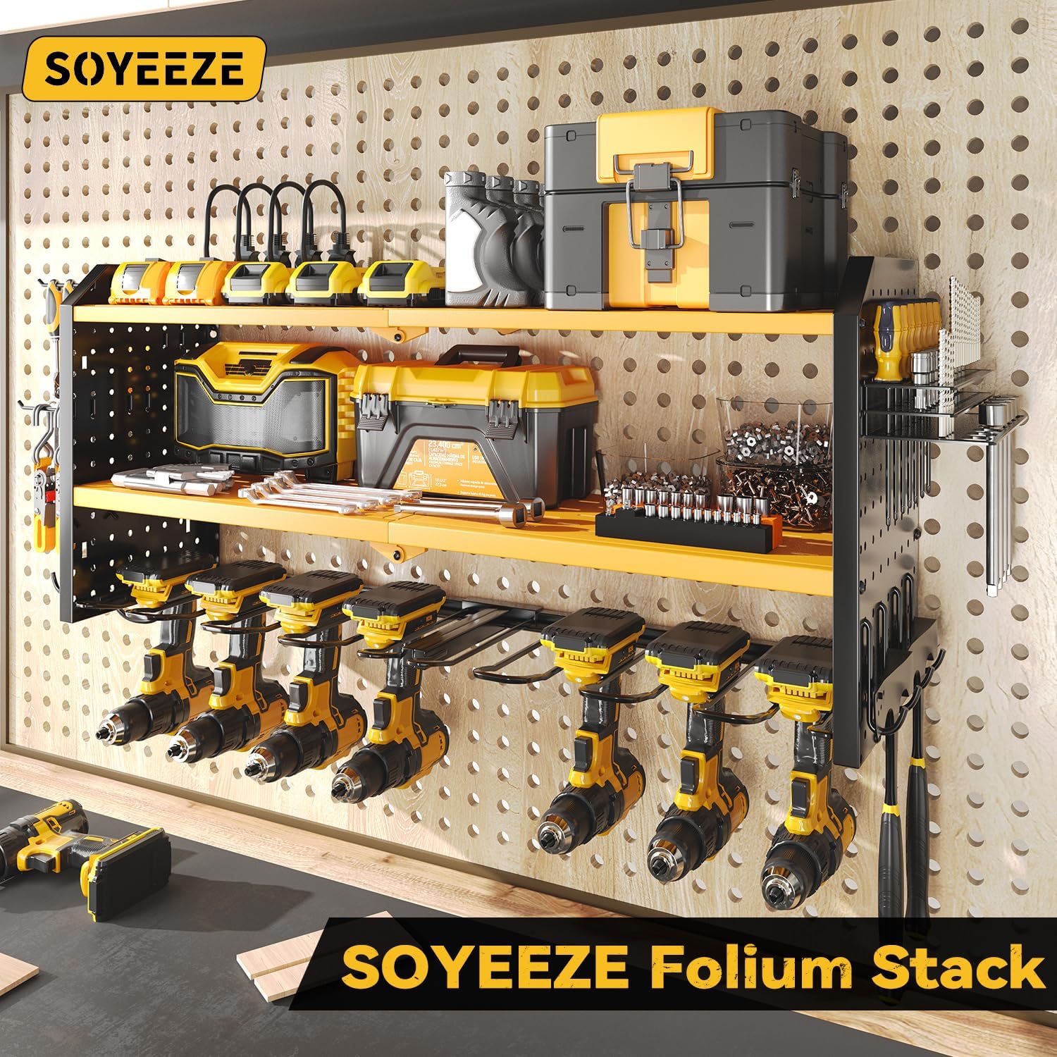 SOYEEZE Large Power Tool Organizer Wall Mount with Charging Station, 3 Layer Heavy Duty Metal Tool Storage Rack with 8 Drill Holder, Tool Holder Built in 8 Outlet Power Strip (Yellow)