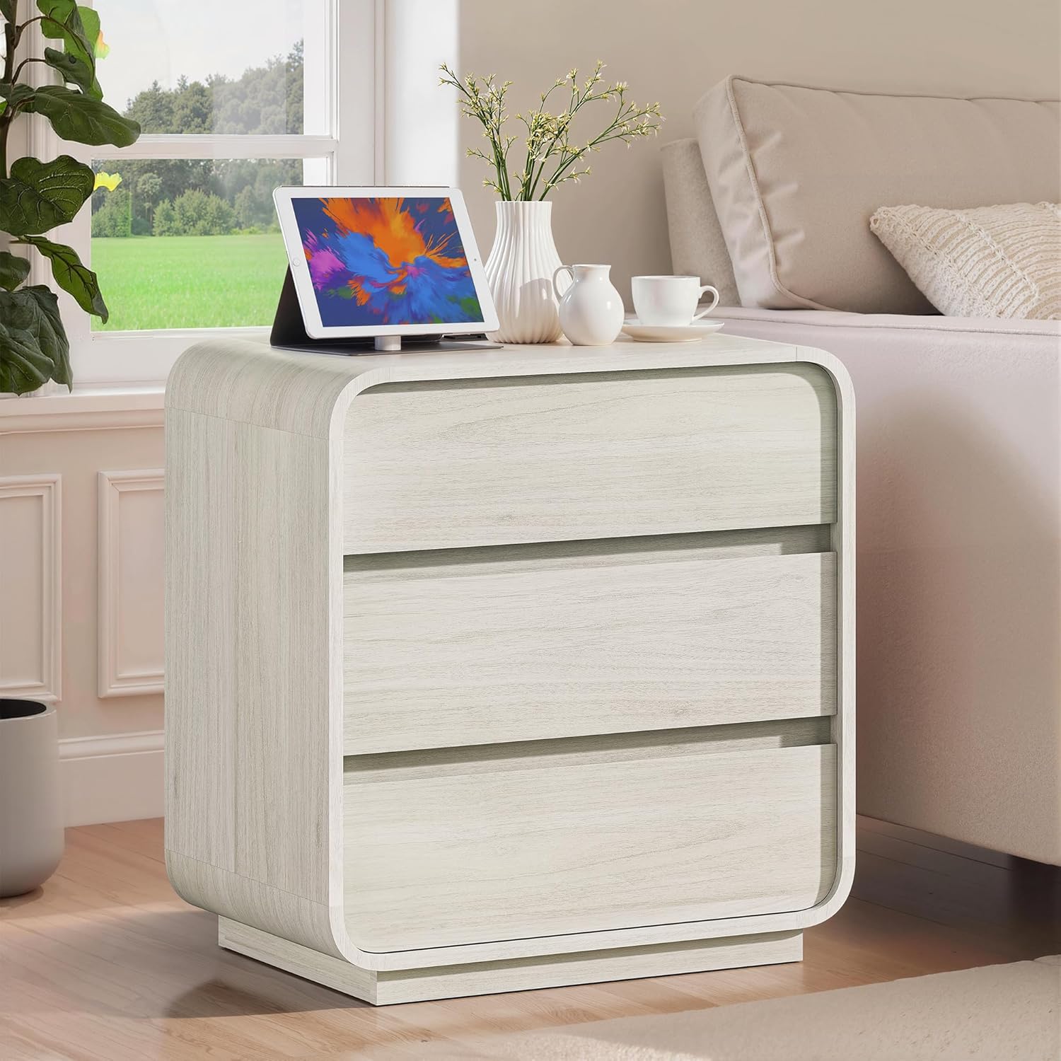 White Nightstand Set of 2 with Charging Station, 23.2" Wide Wood Night Stand, Modern Bedside Table with 3 Storage Drawers, Curved Profile, Mid Century End Table for Bedroom Office