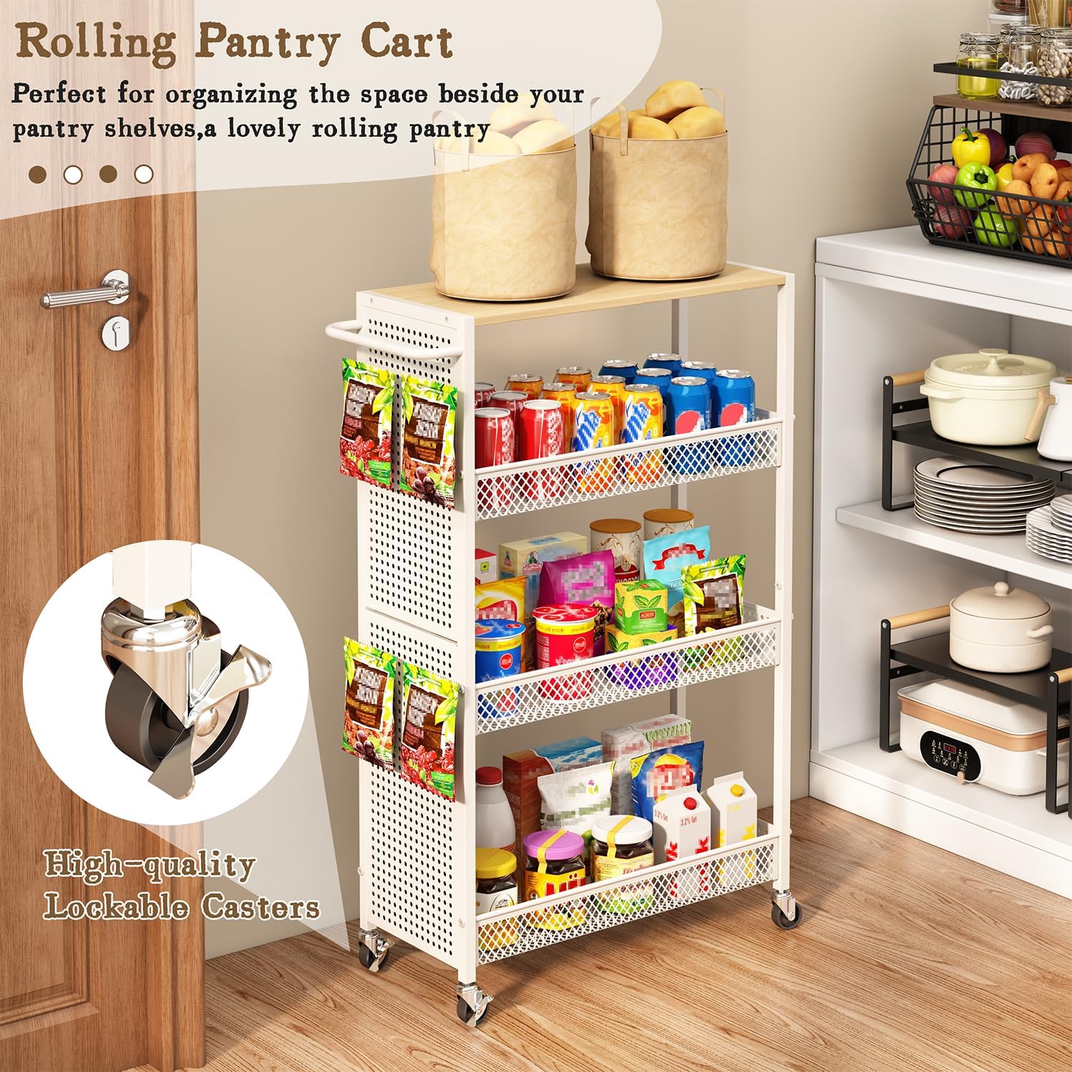 Utility Slim Storage Cart 4 Tier Small Rolling Kitchen Laundry Room Organization Cart with Wood Top Metal Narrow Laundry Room Shelves Cabinet Unit Laundry Organizer Trolley with Handle for Small space