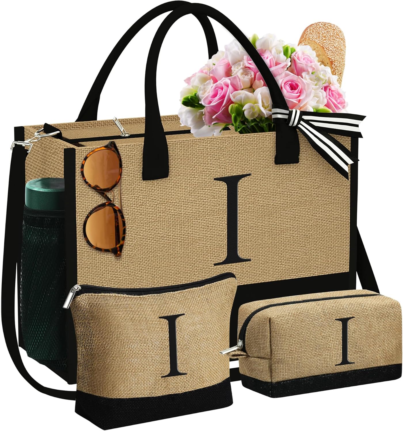 YOOLIFE Christmas Gifts for Women - Initial Jute Tote Bag & 2 Makeup Bags Personalized Gifts for Women Teacher Mom Friend