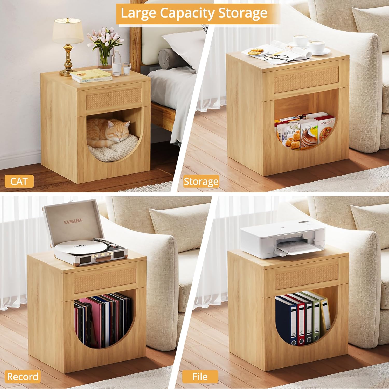 End Table with Drawer, 20 Inch Artificial Rattan Night Stand for Arched Storage or Cat Rest Area, Sturdy Thickened Wood Side Table Bedside Table for Living Room, Bedroom and Apartment