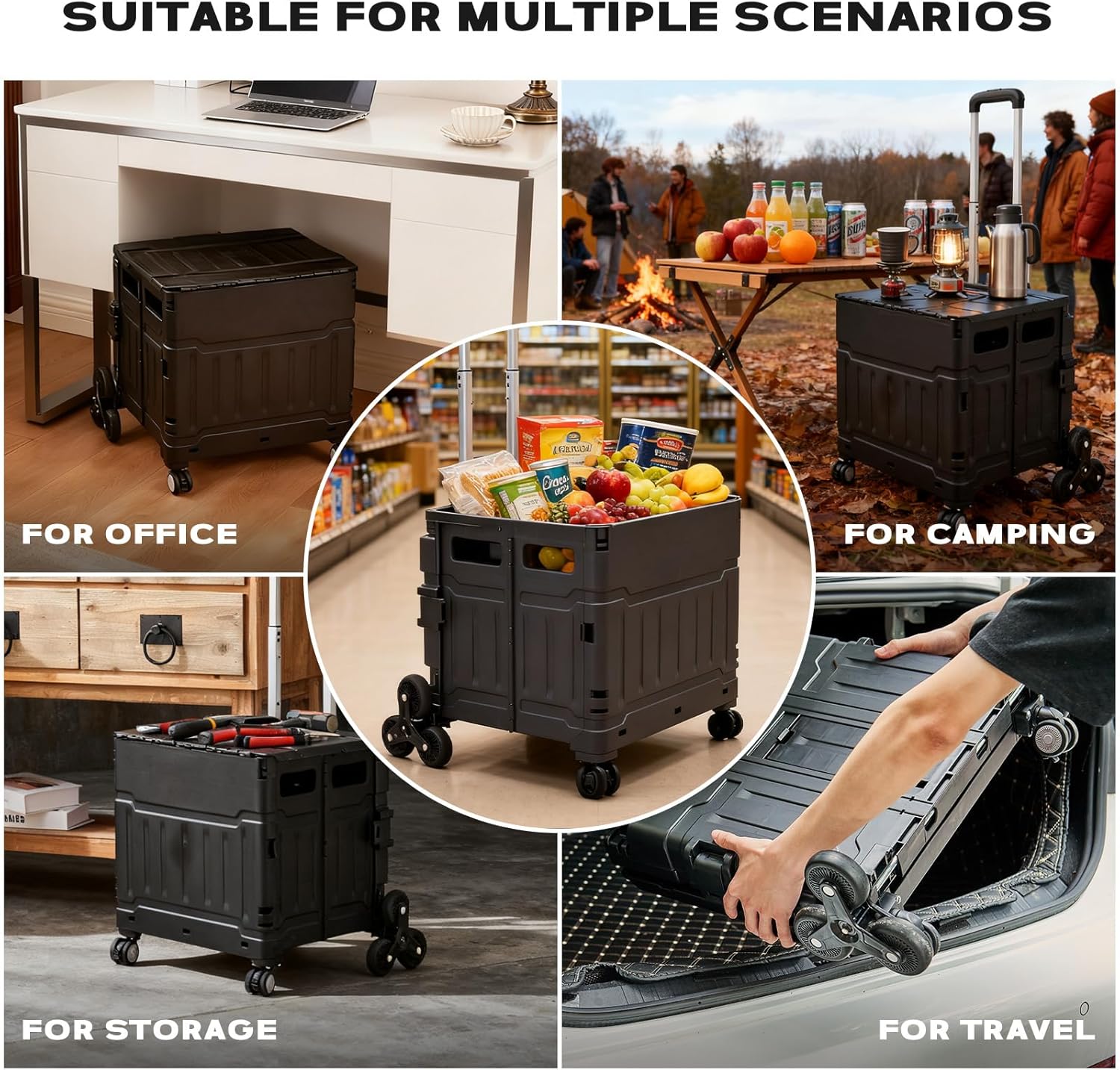 Utility Cart Teacher Cart with Stair Climbing Wheels Foldable Shopping Cart, with Telescopic Handle, Ideal for Outdoor Home Use and Teacher/Student Book Storage. (Black, Large)