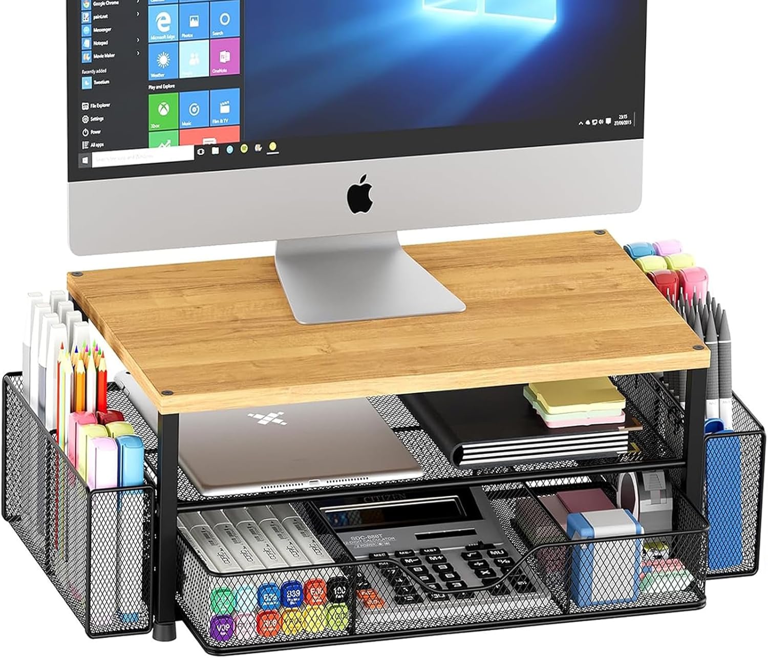 OPNICE Desk Organizers and Accessories, 2-Tier Computer Monitor Stand with Drawer and 2 Pen Holders, Laptop Stand, Office Desk Accessories for Office Supplies, Oak