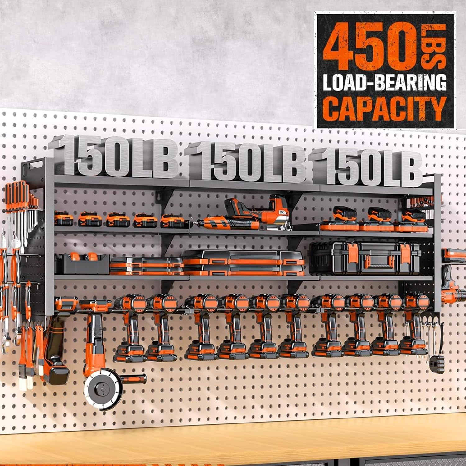 49.8" W Power Tool Organizer Wall Mount with Charging Station, Large Garage Organization with 12 cordless Drill Holder, 4 Layers Tool Organizers and Storage, Tool Rack with 6 Power Strip, Black