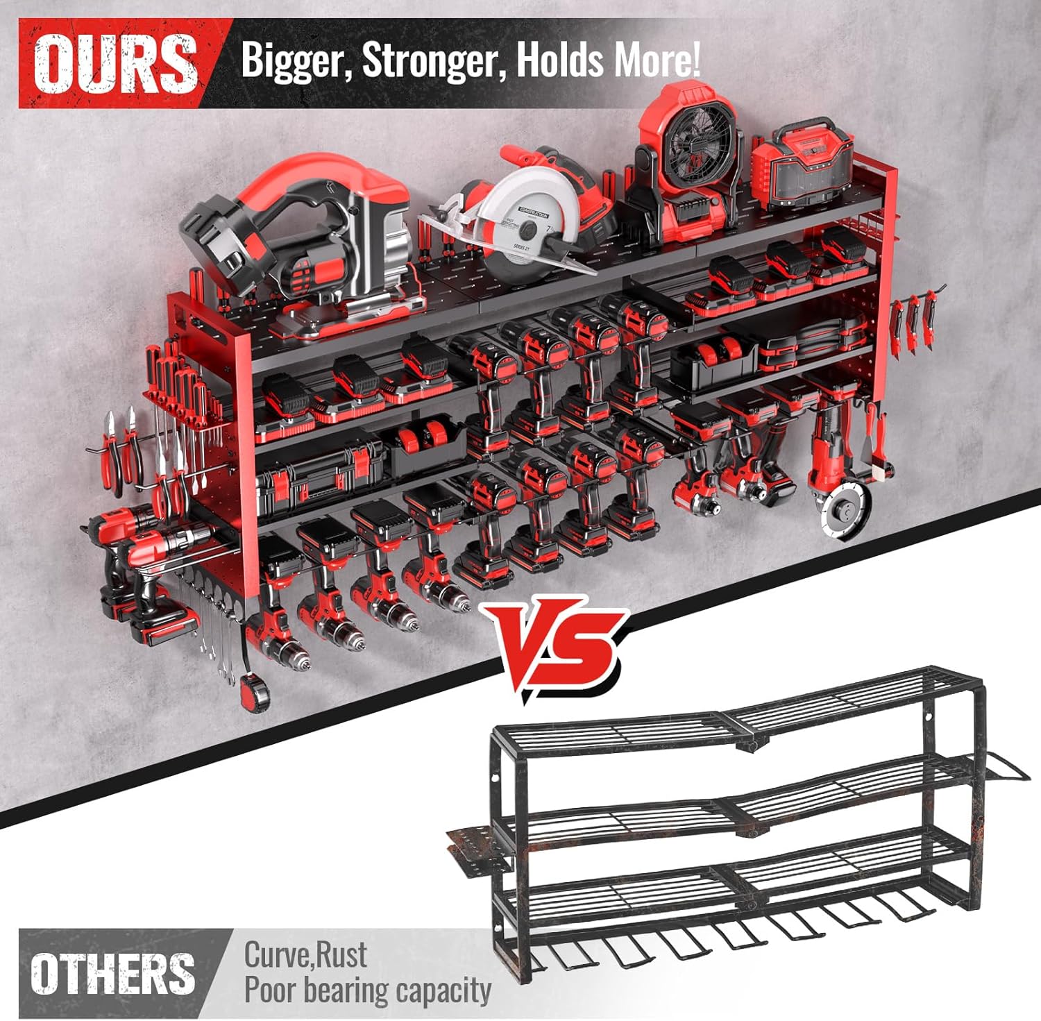 49.8" W Super Large Power Tool Organizer Wall Mount,4-Layer Heavy Duty Tool Storage with 18 Cordless Drill Holder,600 lb Capacity Garage Organization for Garage and Workshop (Red)