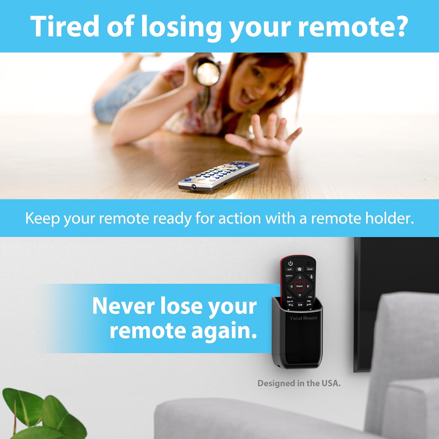 TotalMount Hole-Free Remote Holders – Eliminate Need to Drill Holes in Your Wall (Black Remote Control Holders, Quantity 2)