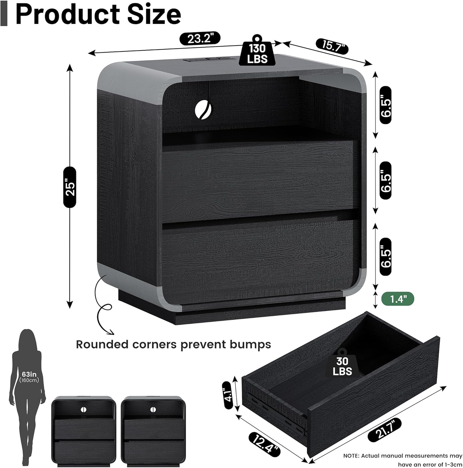 Black Nightstand with Charging Station, 25" Tall Wood Bedside Table, Modern End Table with 2 Storage Drawers, Curved Profile, Mid Century Night Stand for Bedroom, Dorm, Sofa, Office