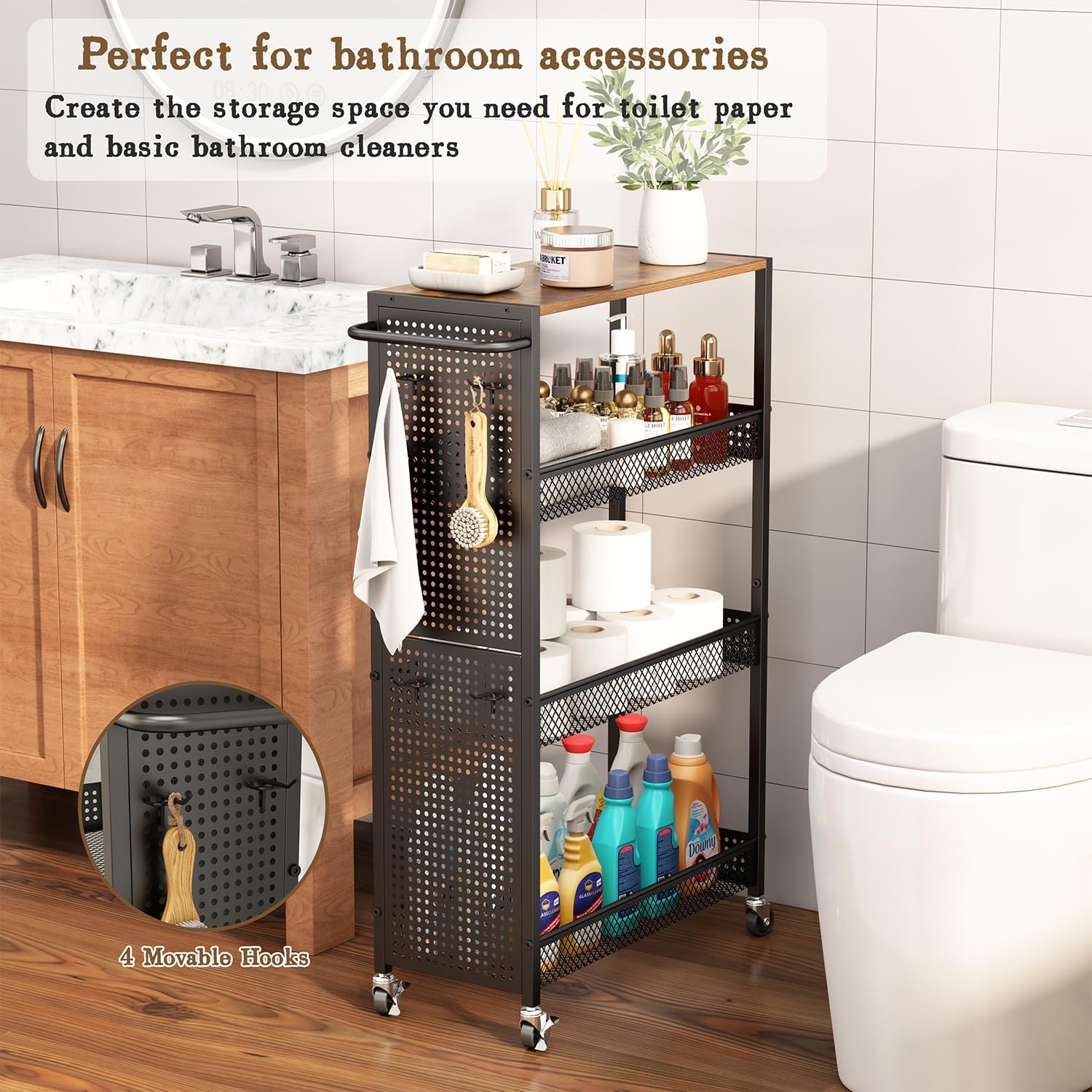 Utility Slim Storage Cart 4 Tier Small Rolling Kitchen Laundry Room Organization Cart with Wood Top Metal Narrow Laundry Room Shelves Cabinet Unit Laundry Organizer Trolley with Handle for Small space