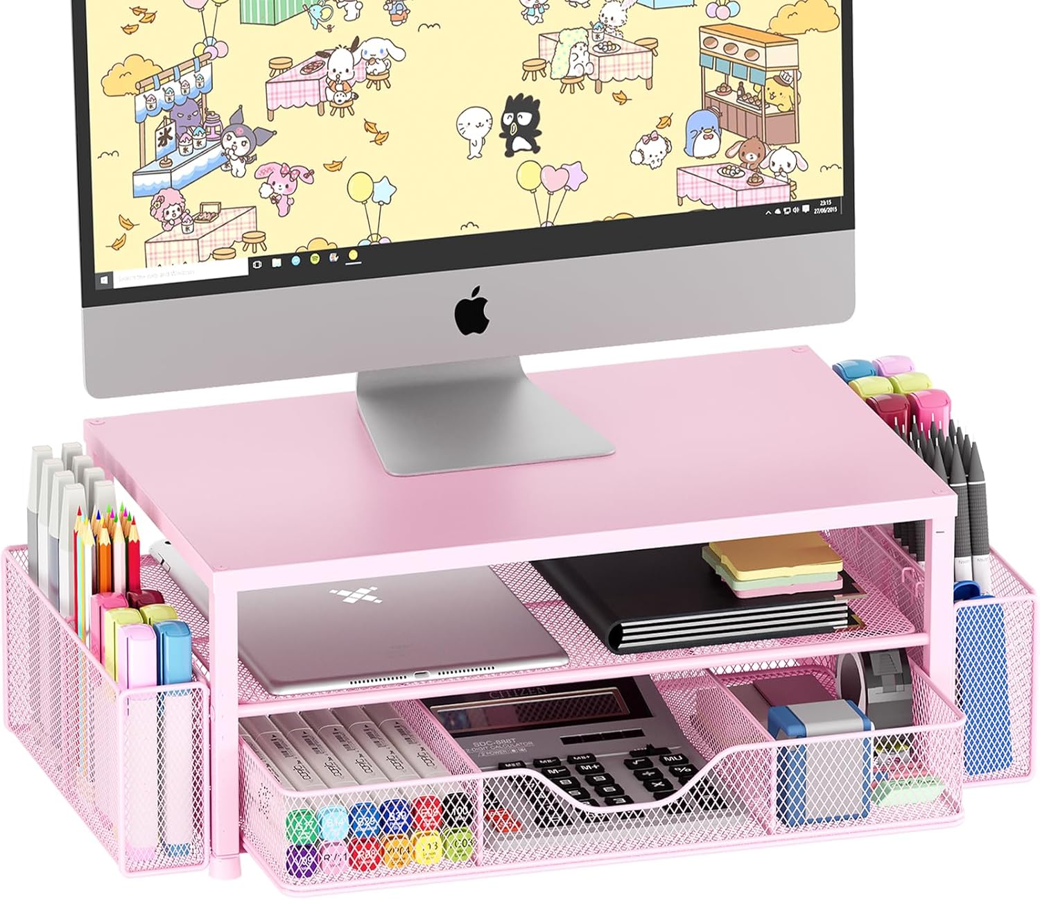 OPNICE Desk Organizers and Accessories, 2-Tier Computer Monitor Stand Riser with Drawer and 2 Pen Holders, Laptop Stand, Office Desk Accessories & Office Decor for Women, Pink