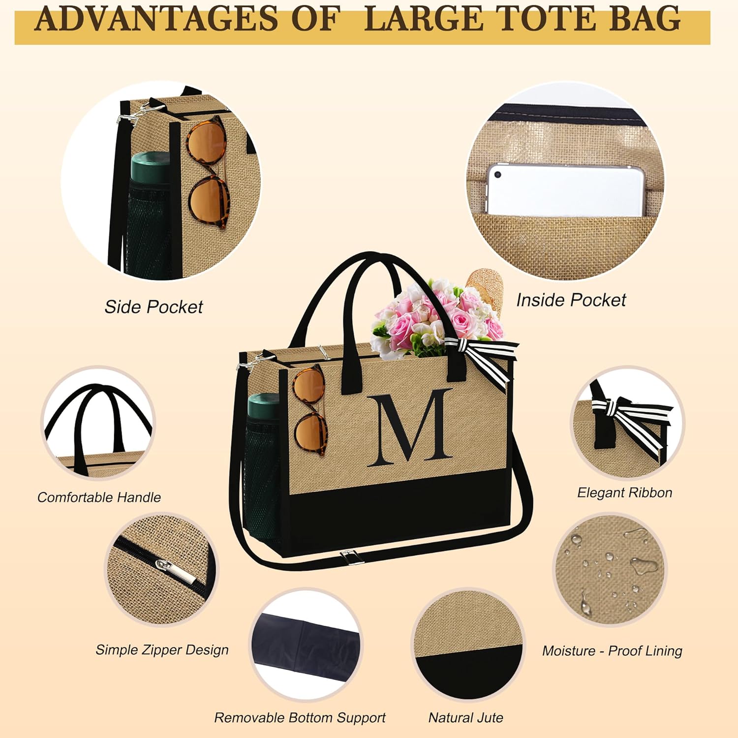 YOOLIFE Christmas Gifts for Women - Initial Jute Tote Bag & 2 Makeup Bags Personalized Gifts for Women Teacher Mom Friend