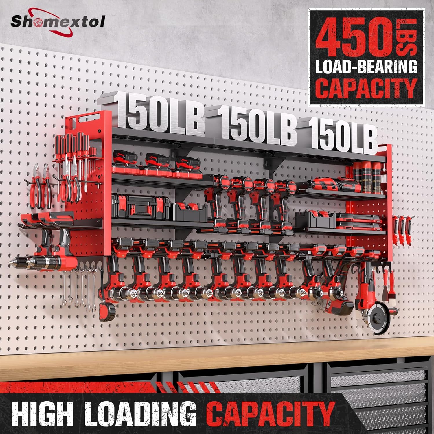 49.8" W Super Large Power Tool Organizer Wall Mount,4-Layer Heavy Duty Tool Storage with 18 Cordless Drill Holder,600 lb Capacity Garage Organization for Garage and Workshop (Red)