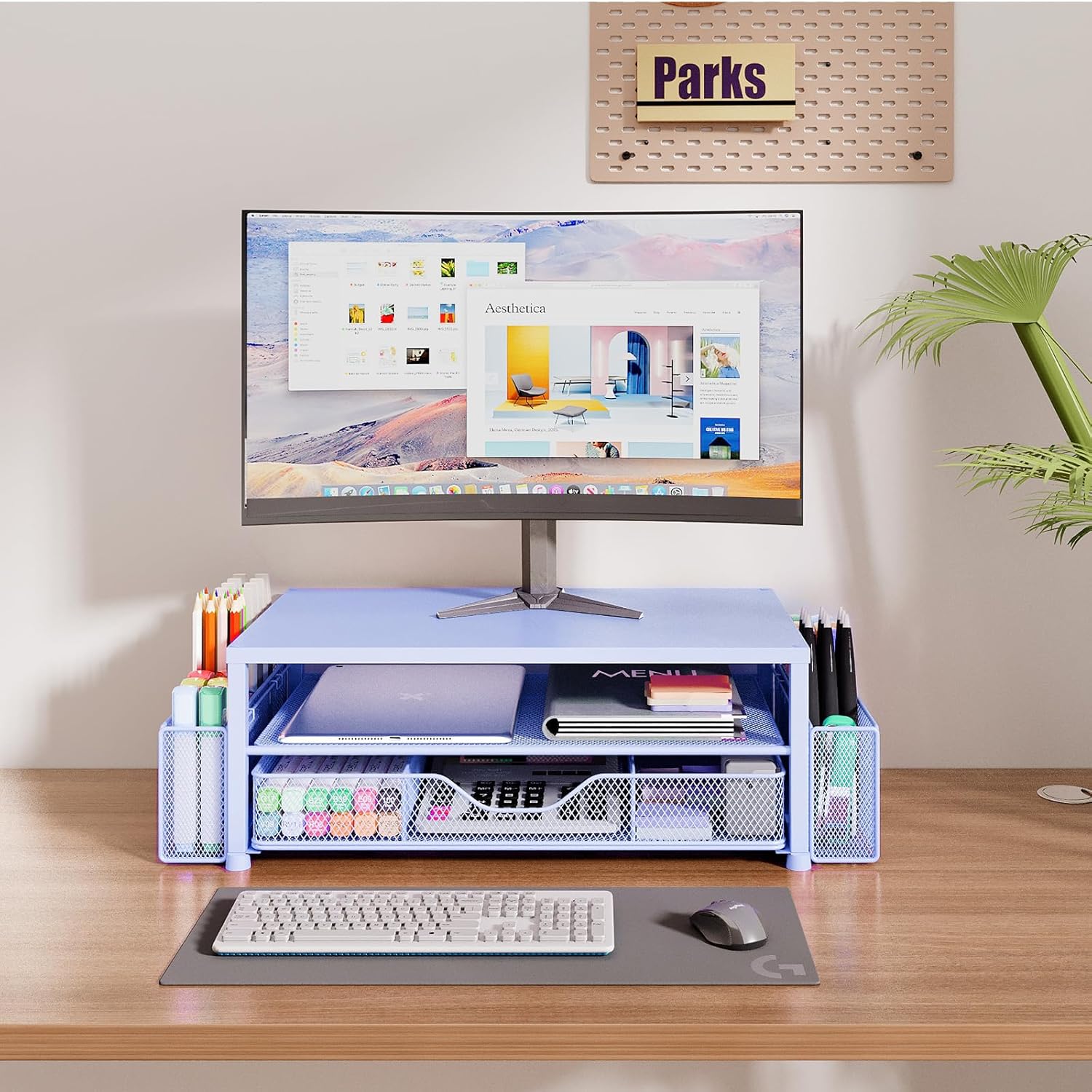 OPNICE Desk Organizers and Accessories, 2-Tier Computer Monitor Stand Riser with Drawer and 2 Pen Holders, Laptop Stand, Office Desk Accessories for Office Supplies, Blue